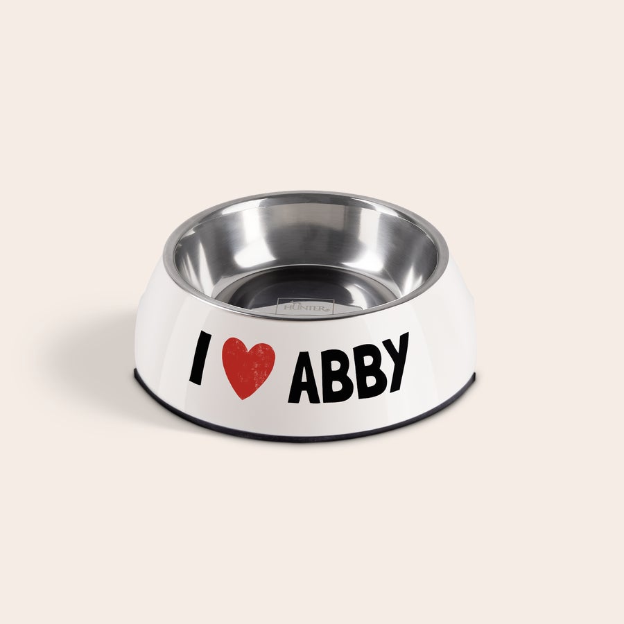 Tigela de alimentação de gato Tigela de comida para gatos branca personalizada com "Eu amo Abby" e coração vermelho
