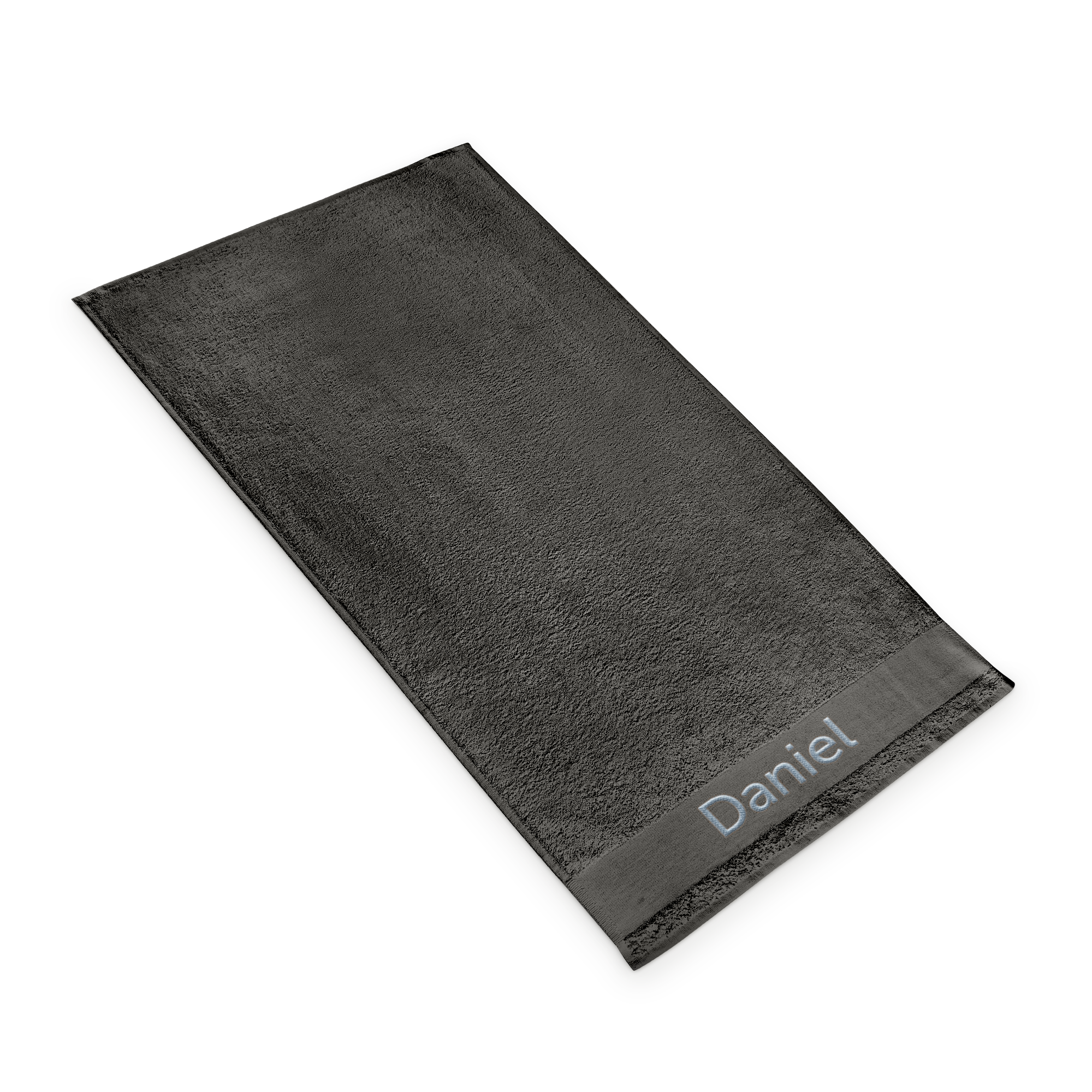 Dark grey personalized towel embroidered with the name Daniel in light blue thread