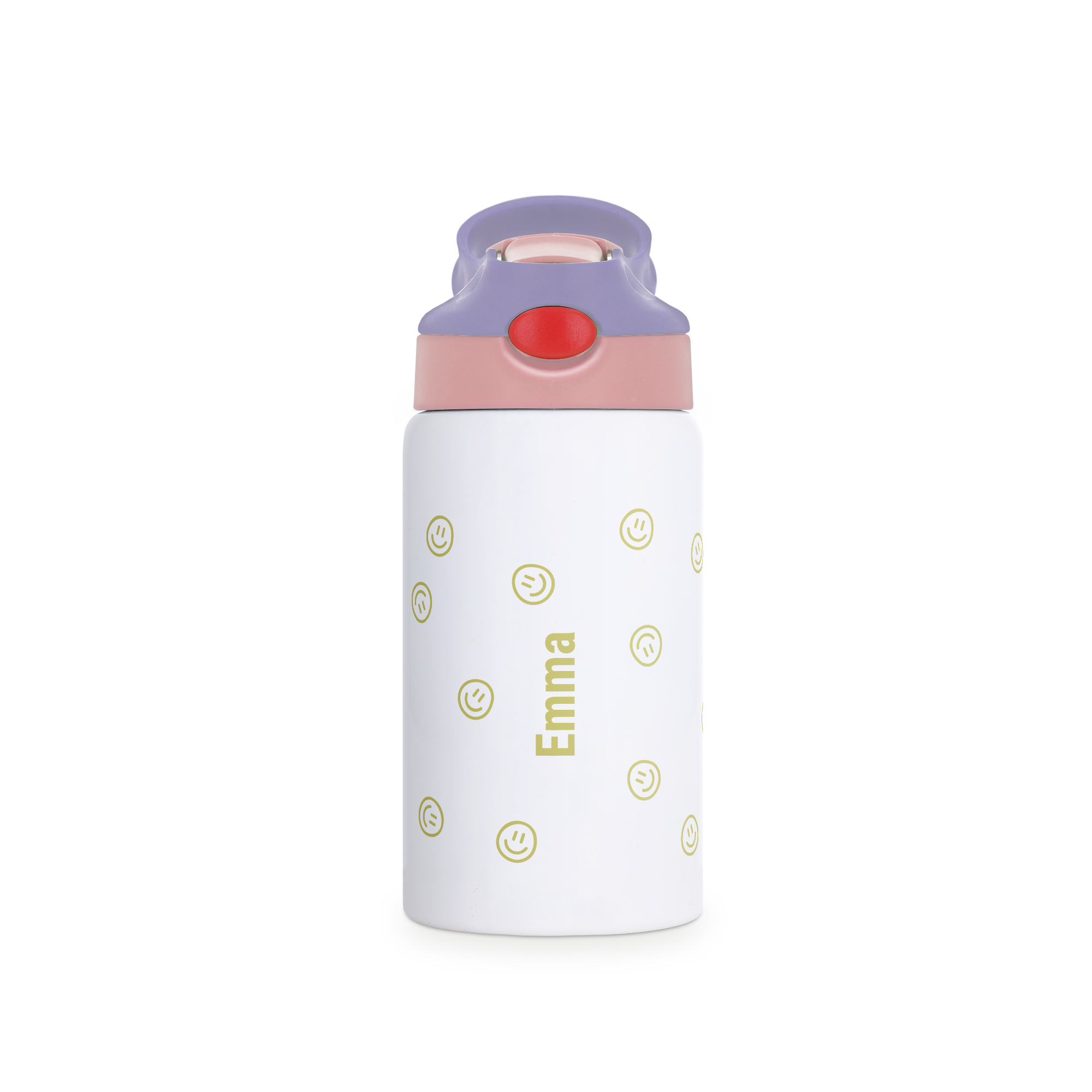 Personalized kids water bottle with a pink and purple lid printed with Emma and smileys for hydration