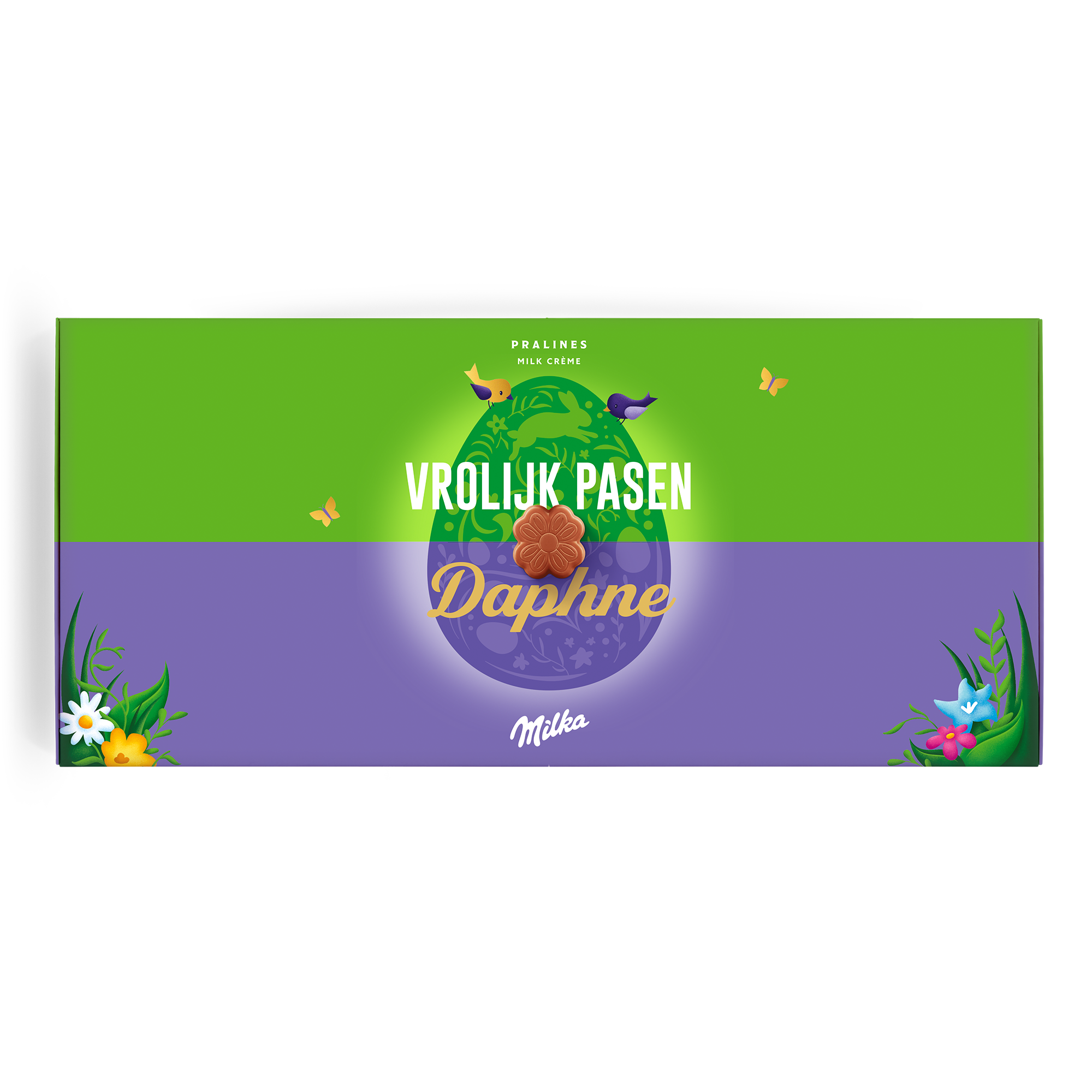 Gepersonaliseerde Say it with Milka chocoladegeschenkdoos, bedrukt met Vrolijk Pasen, naam Daphne, bloemen en een paasei.