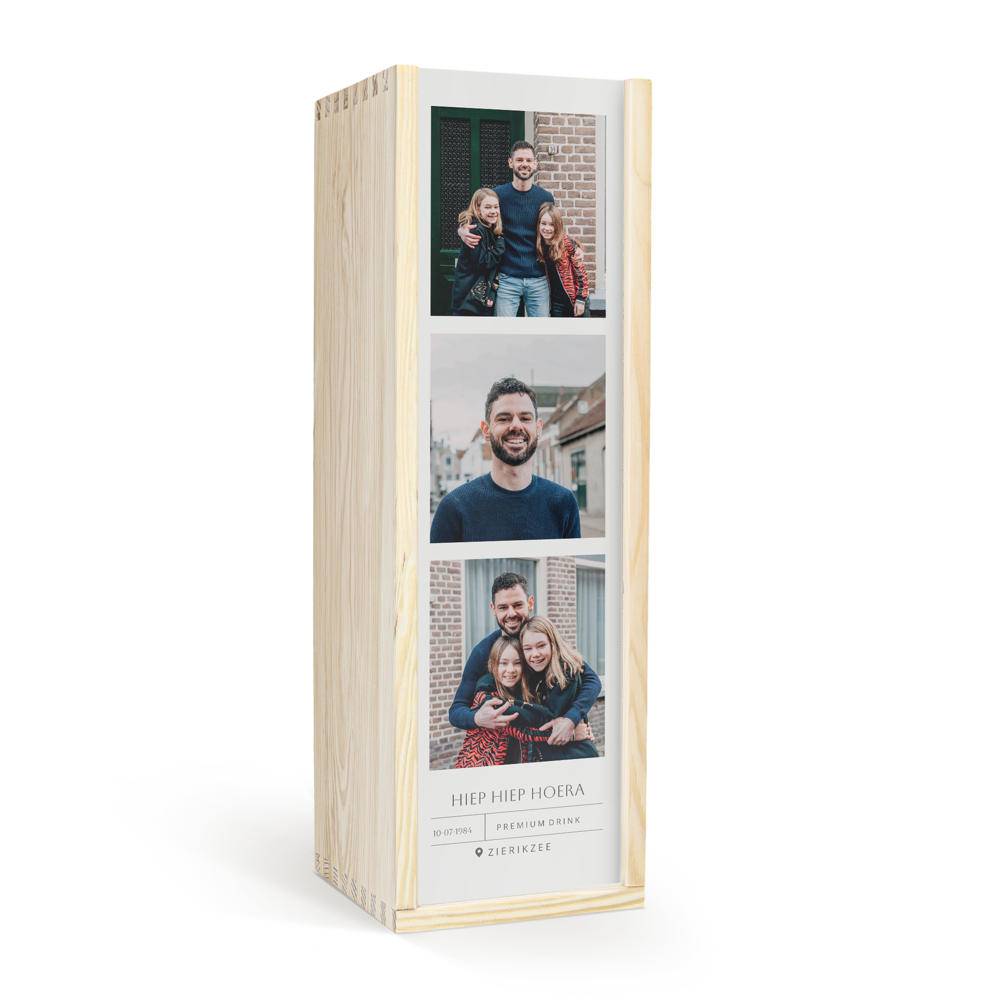 Houten kist met Disaronno likeur, bedrukt met een fotocollage, de tekst "Hiep Hiep Hoera" en een geboortedatum. Cheers!