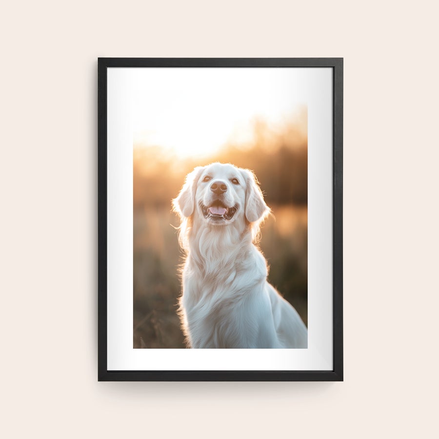 Personlig plakat i ramme Plakat med foto af en golden retriever og en sort træramme til at hænge på din væg