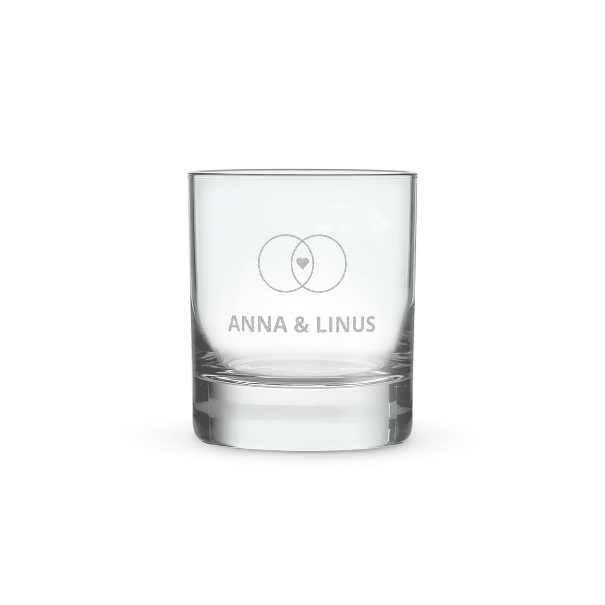 Whiskyset med Jack Daniels och ett graverat glas med namnen Anna och Linus och två ringar. En utmärkt present.
