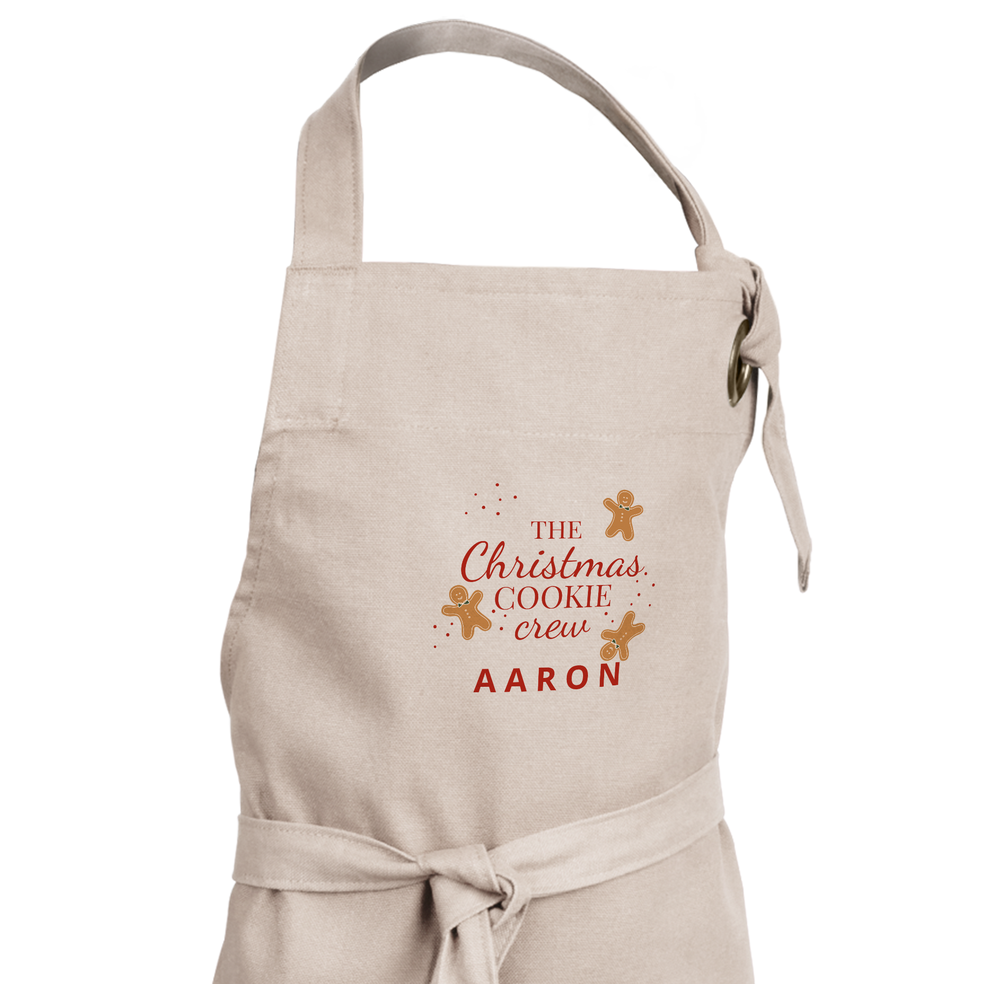 Grembiule da bambino personalizzato stampato con la scritta The Christmas Cookie Crew e nome Aaron con omini di pan di zenzero anche il più piccolo chef può cucinare stellato con un grembiule personale