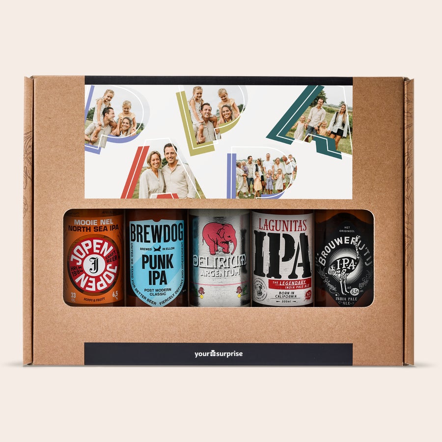 Personliga Öl presentset Presentset med mikrobryggeriöl, fem flaskor, tryckt med personliga foton på locket.