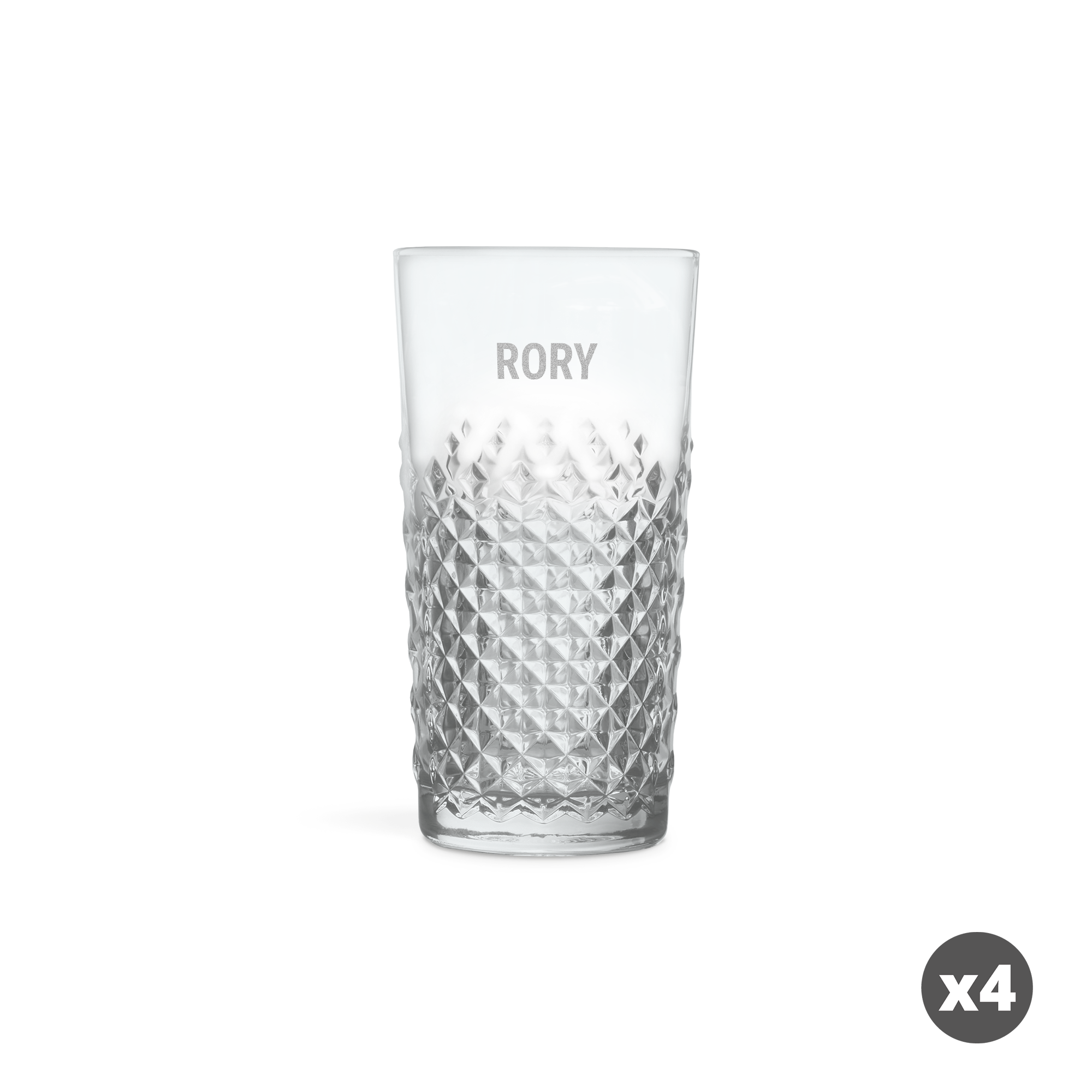 Copa de mojito de cristal grabada con el nombre RORY, ideal para personalizar tus copas de mojito con grabado.