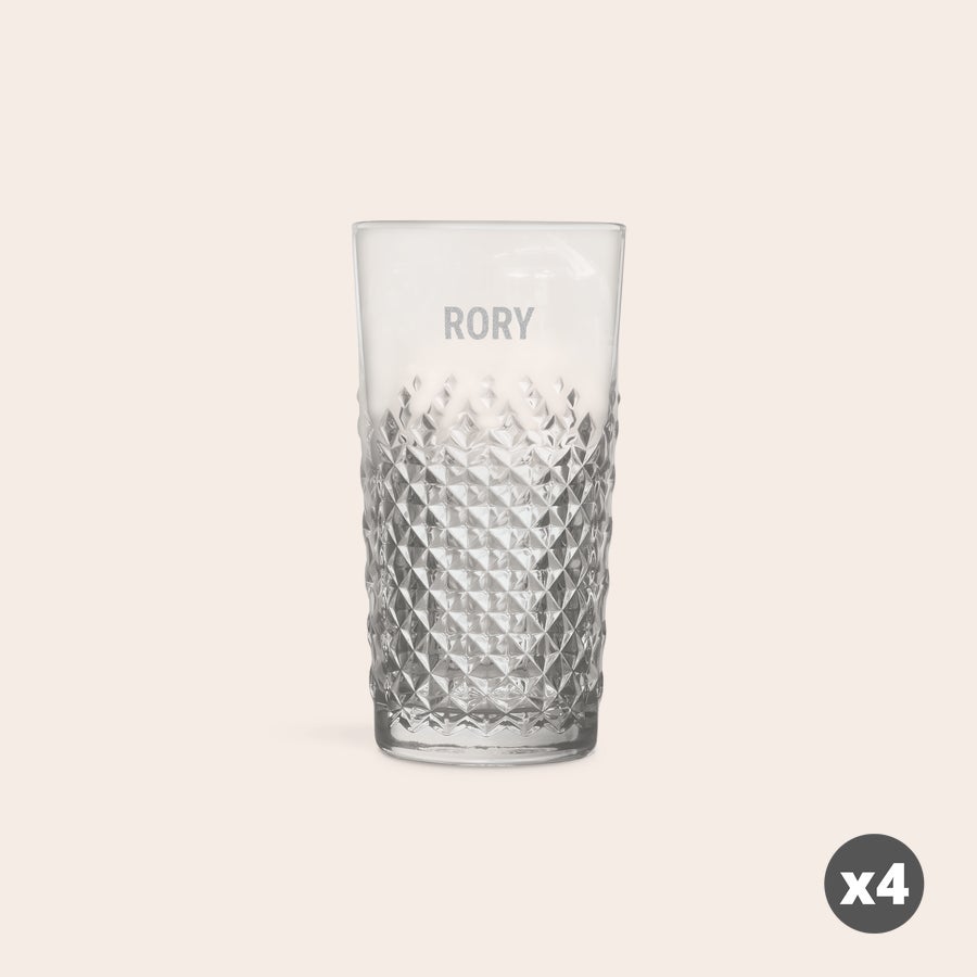 Engraved cocktail glass - Mojito Personalised engraved mojito glass with "RORY" laser engraved and a diamond pattern at the base