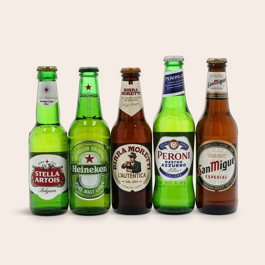 Personalizowany zestaw piw Piwa pilsner Stella Artois, Heineken, Birra Moretti, Peroni i San Miguel, idealne do spersonalizowanego zestawu podróżnego.