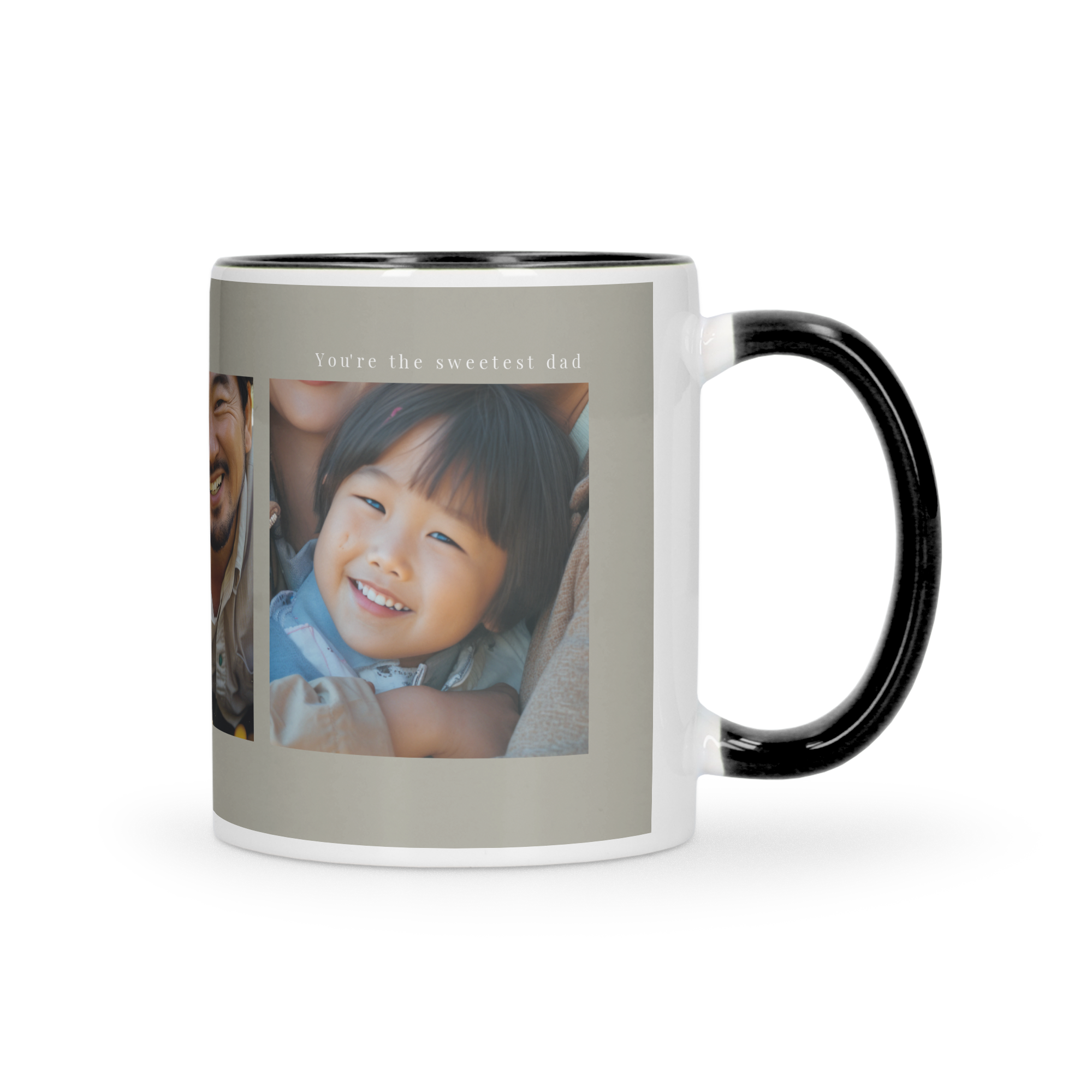 Taza personalizada de color con asa negra, impresa con foto de padre e hija y texto You're the sweetest dad