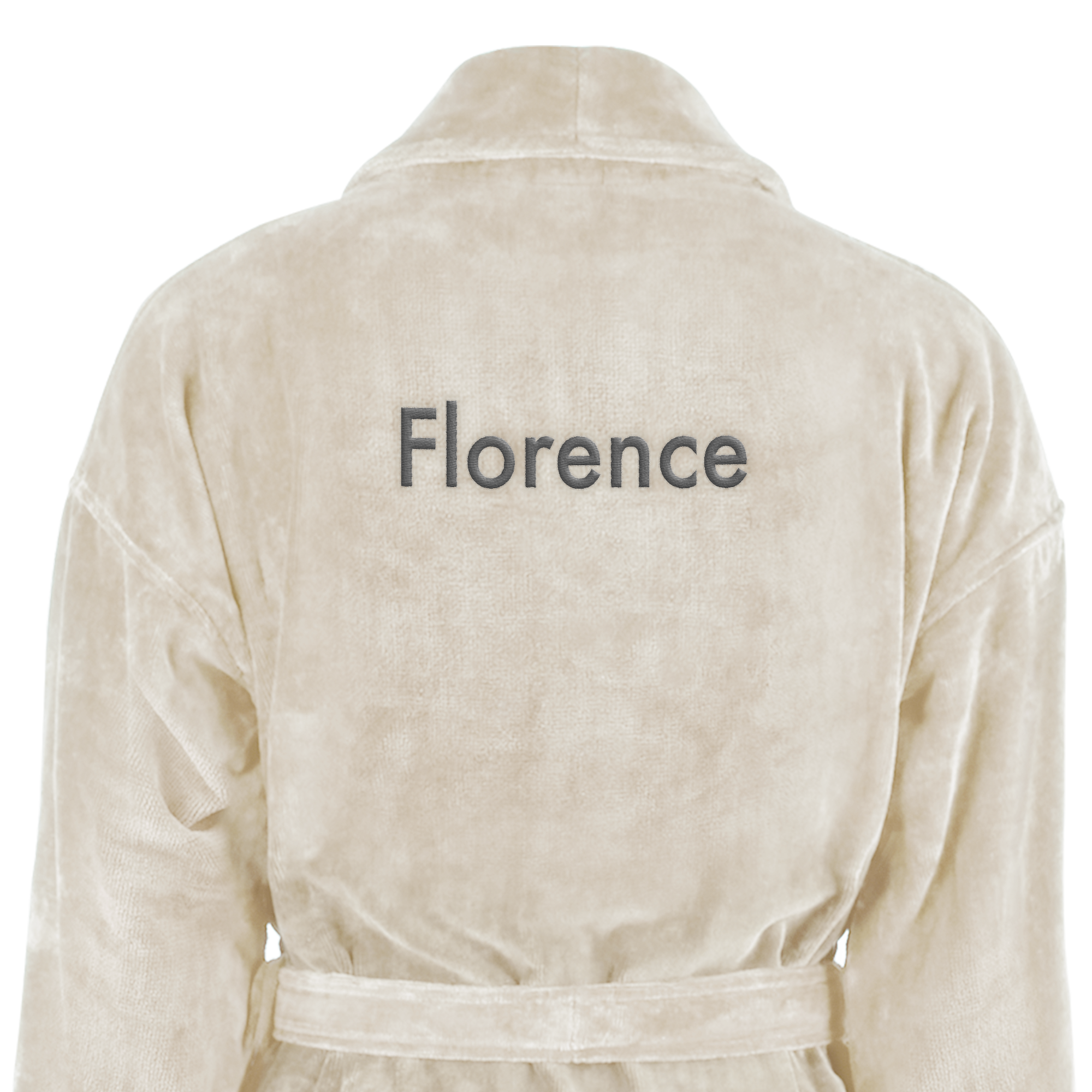 Peignoir de bain personnalisé crème brodé du prénom Florence pour une surprise luxueuse.