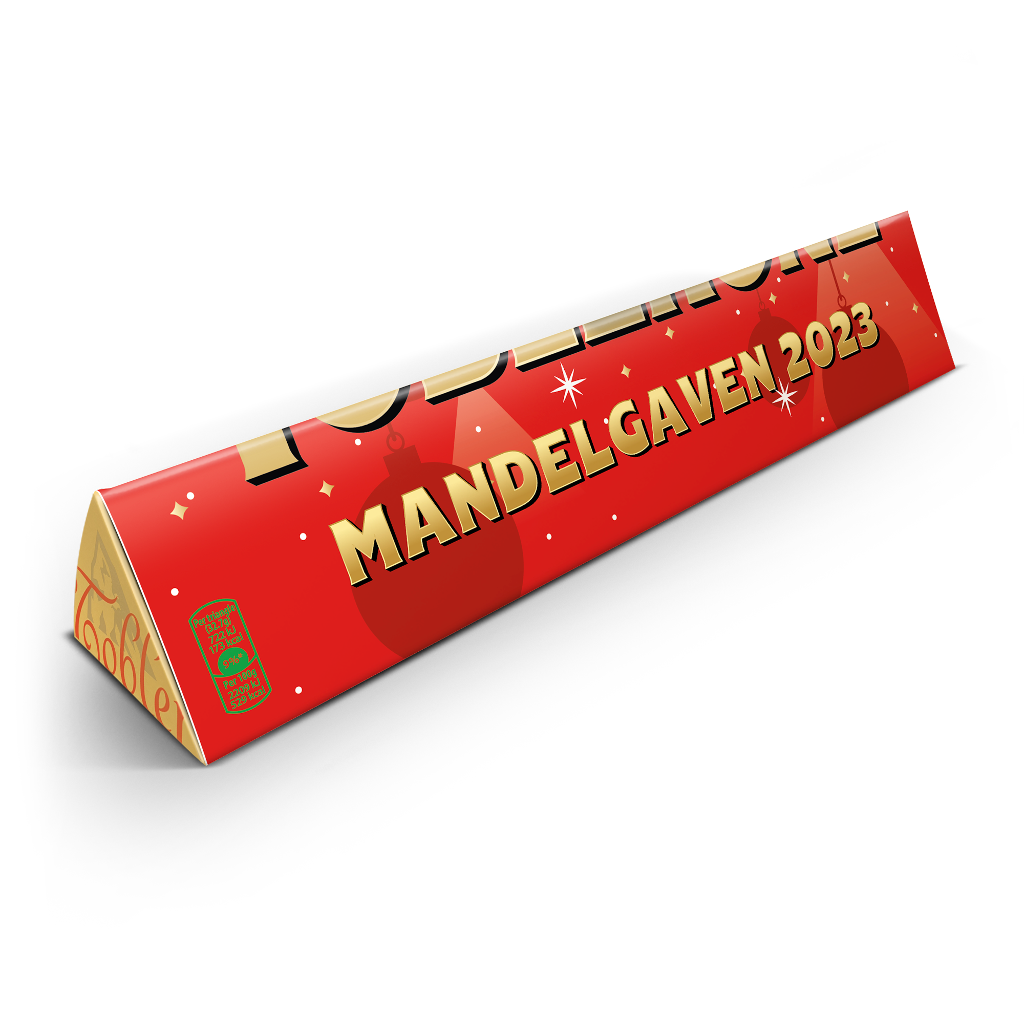 Personlig Toblerone julechokoladebar med teksten MANDELGAVEN 2023, trykt på rød indpakning.