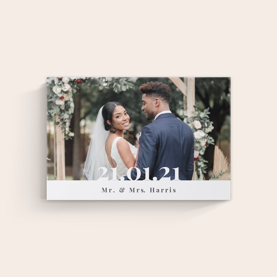 Foto impressa em tela Tela de foto de casal com data 21.01.21 e nomes Sr. e Sra. Harris, imprimimos suas fotos mais bonitas em uma tela real linnen