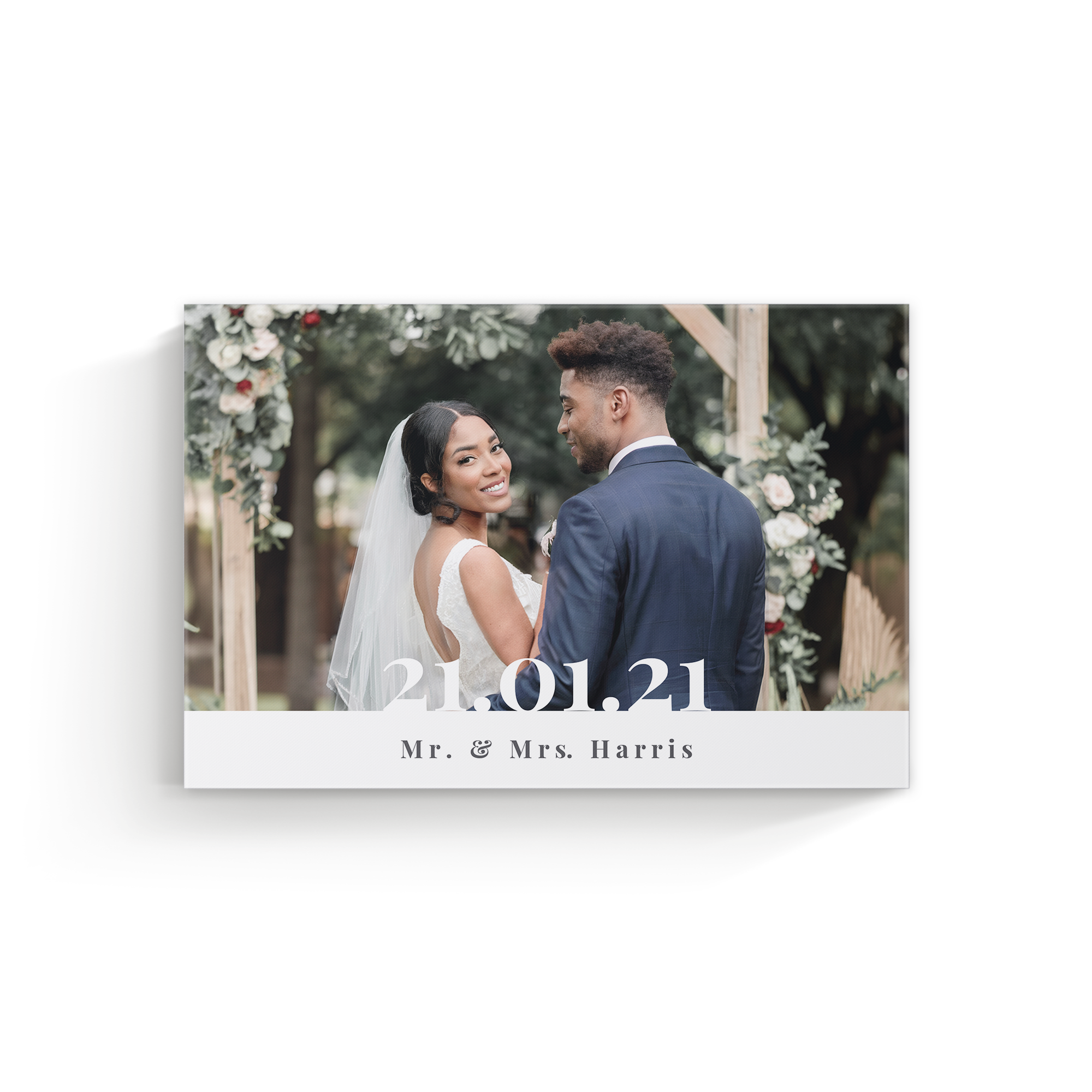 High-quality canvas printed with a wedding photo of Mr & Mrs Harris and the date 21.01.21
