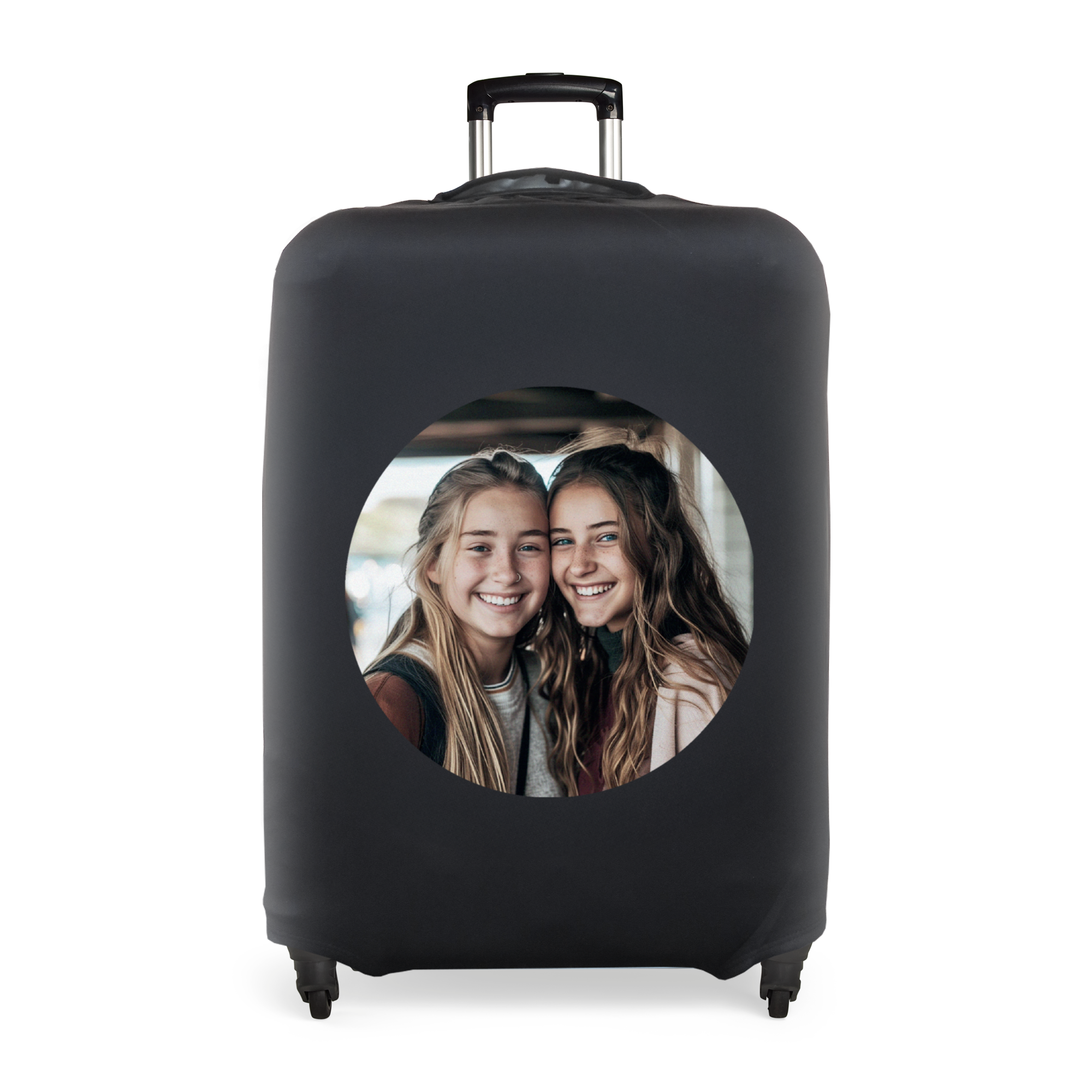 Housse élastique noire pour bagage personnalisée avec photo de deux amies souriantes imprimée