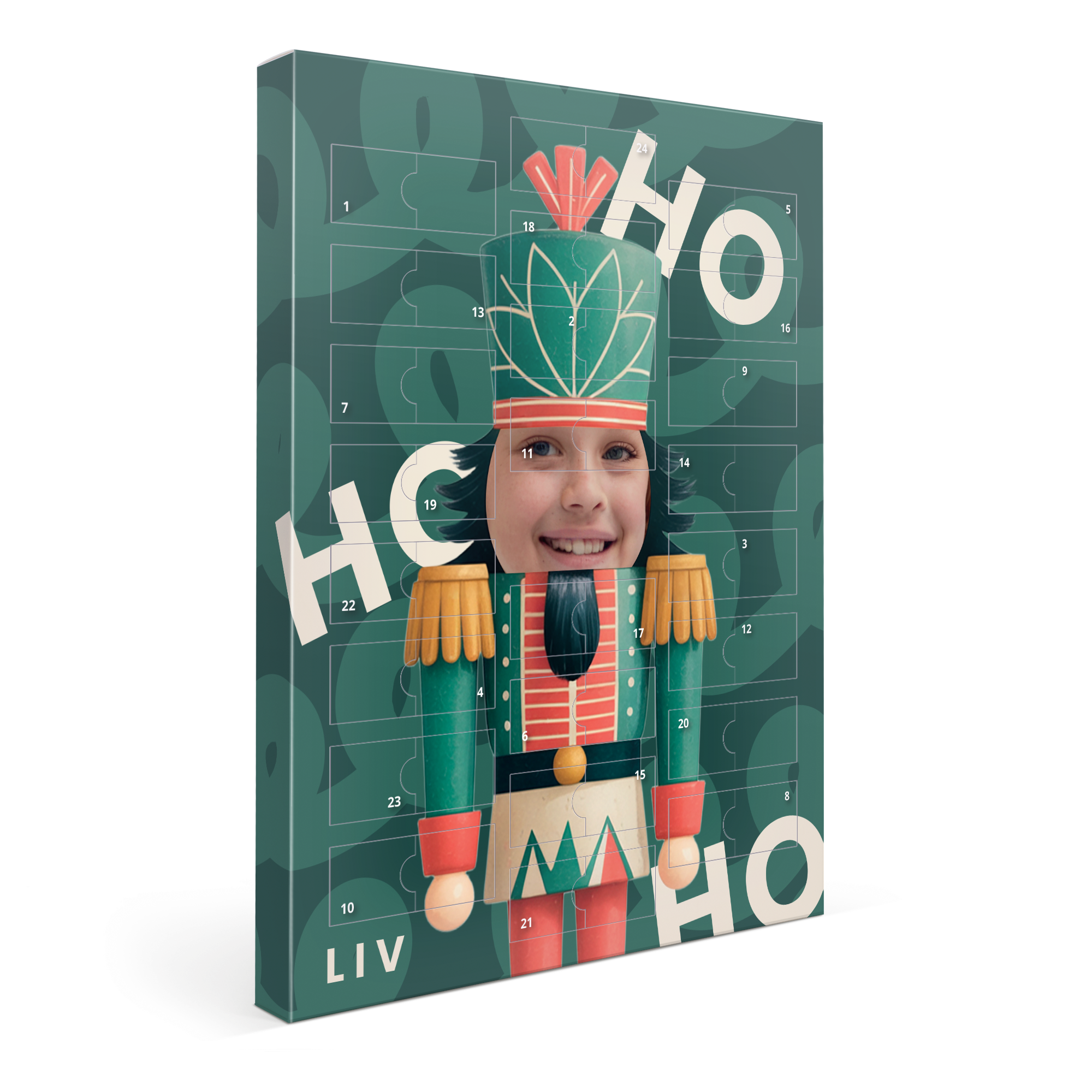 Personlig Kinder choklad adventskalender med en bild på ett leende barn och texten 