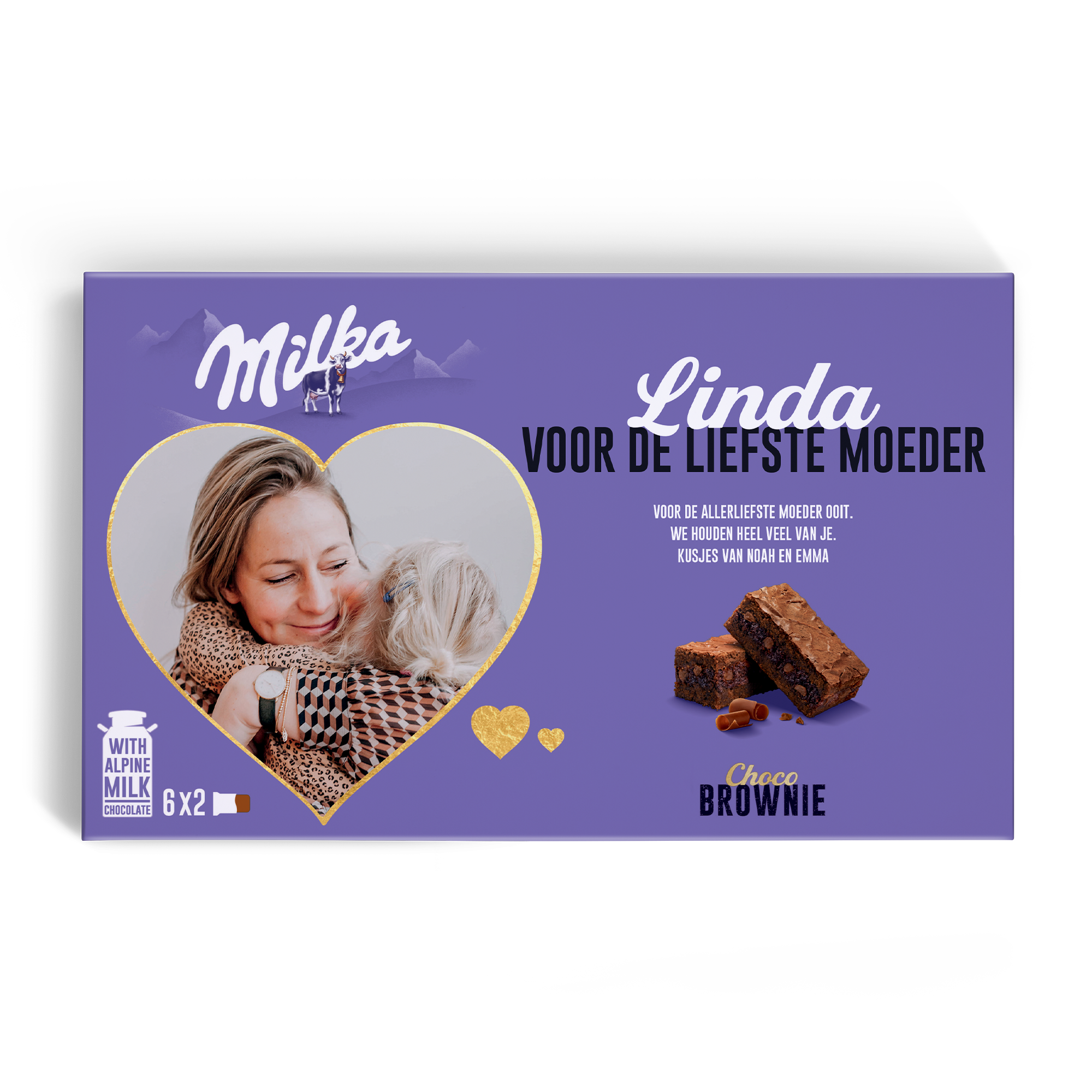 Milka Choco Brownie Giftbox met een hartvormige foto en de namen Linda, Noah en Emma