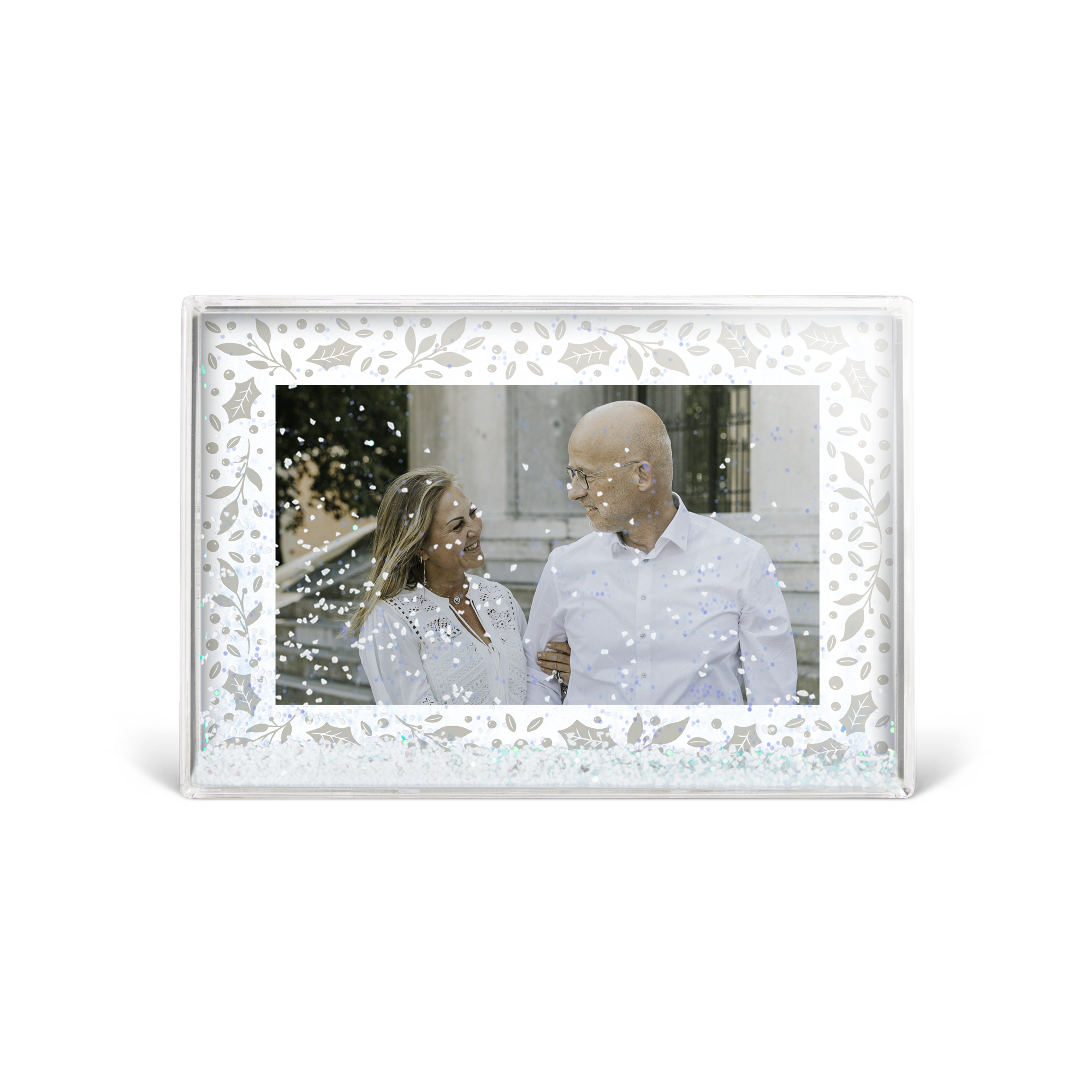 Persoonlijk foto-sneeuwblok met een stel, gedrukt met eigen foto, sneeuwvlokken en glitters
