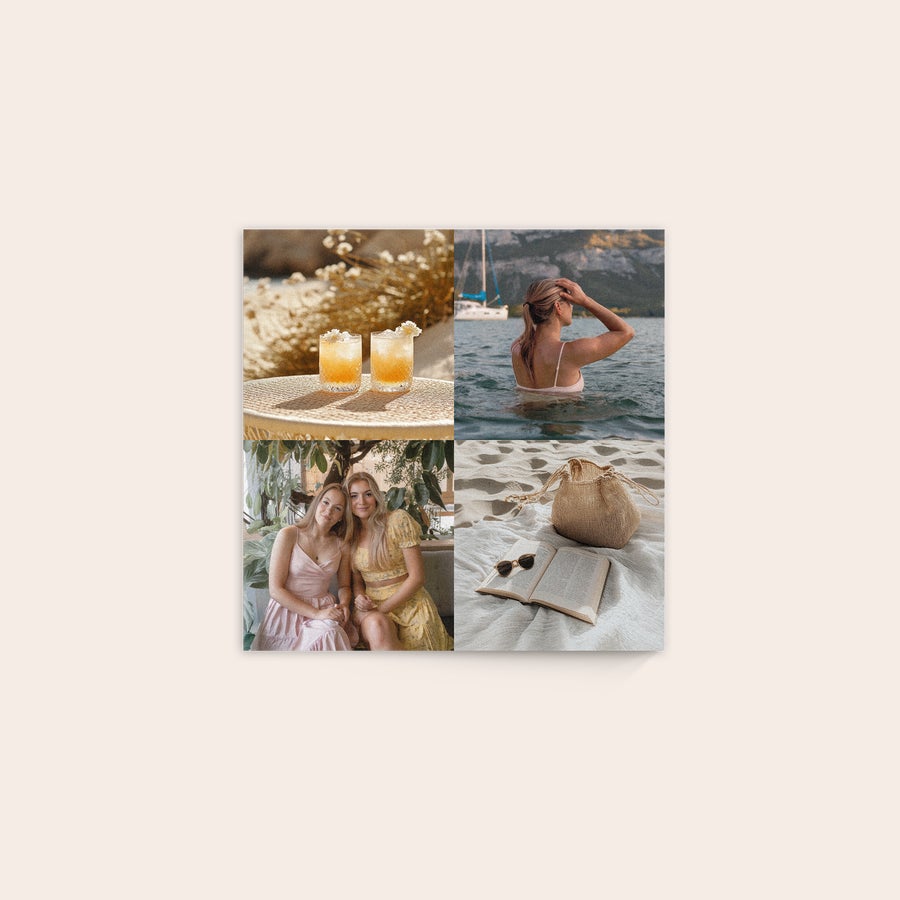 Foto em madeira Com uma foto em madeira personalizada com quatro imagens de momentos especiais, impressas em cores vivas.