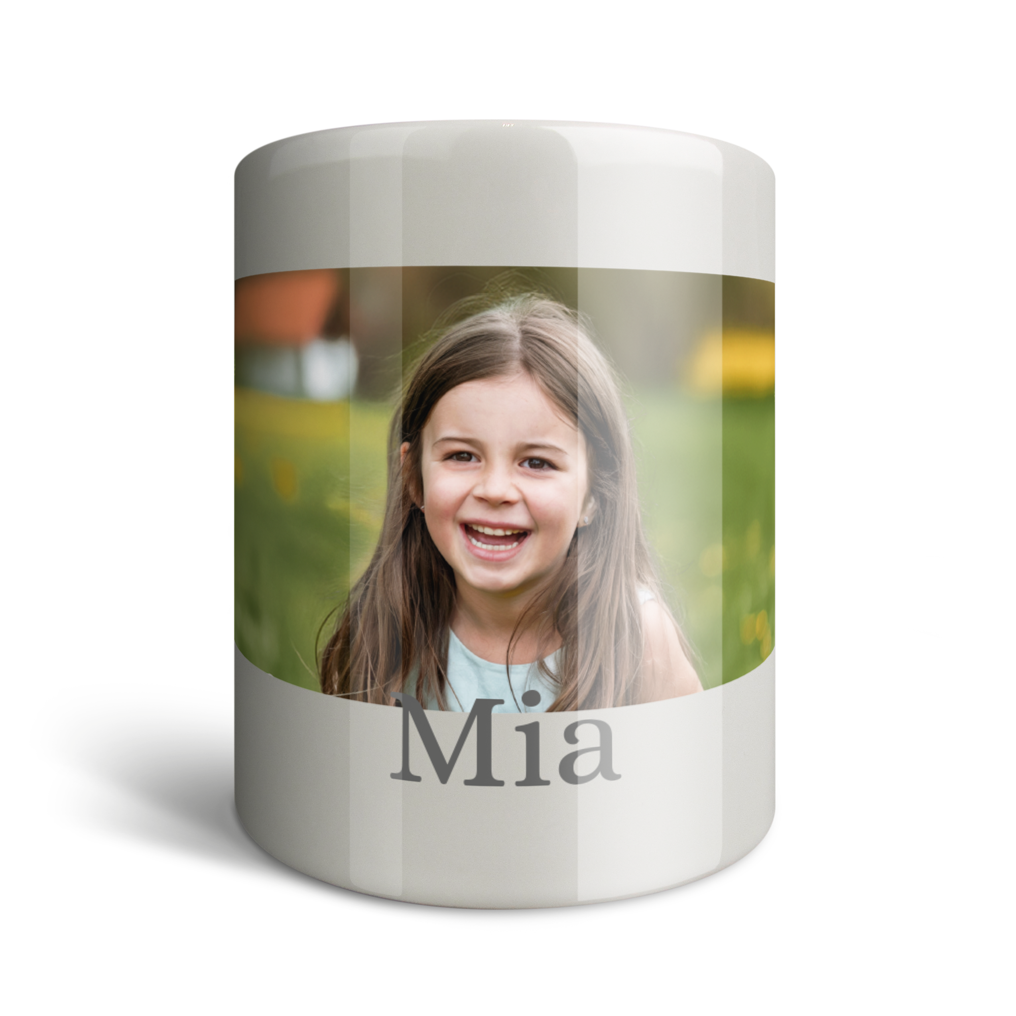 Tirelire en céramique blanche pour communion imprimée avec la photo d'une petite fille et le prénom Mia