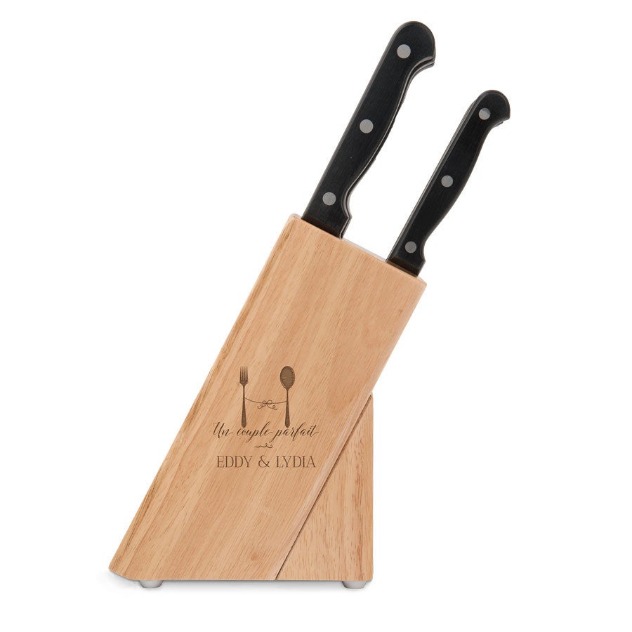 Bloc de couteaux en bois (comprenant le jeu de couteaux) - Gravure à gauche