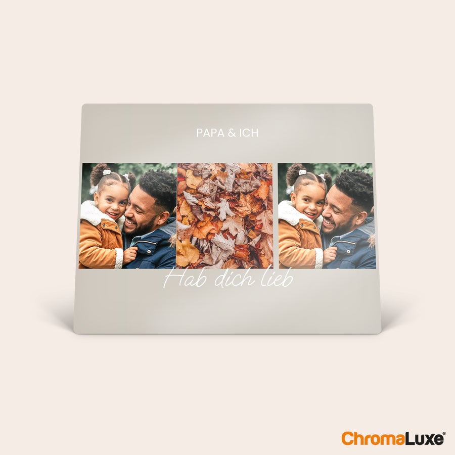 Metall bedrucken Dein schönstes Foto gedruckt auf Aluminium mit zwei Bildern von Vater und Tochter und dem Text Papa & Ich und Hab dich lieb
