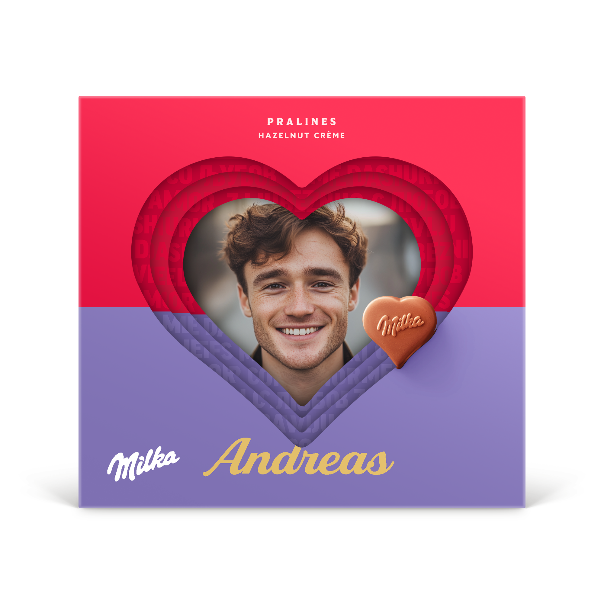 Personlig Milka Hearts 3D-presentförpackning med foto på en man, texten Andreas och en chokladpralin. Fullfärgstryck på framsidan.