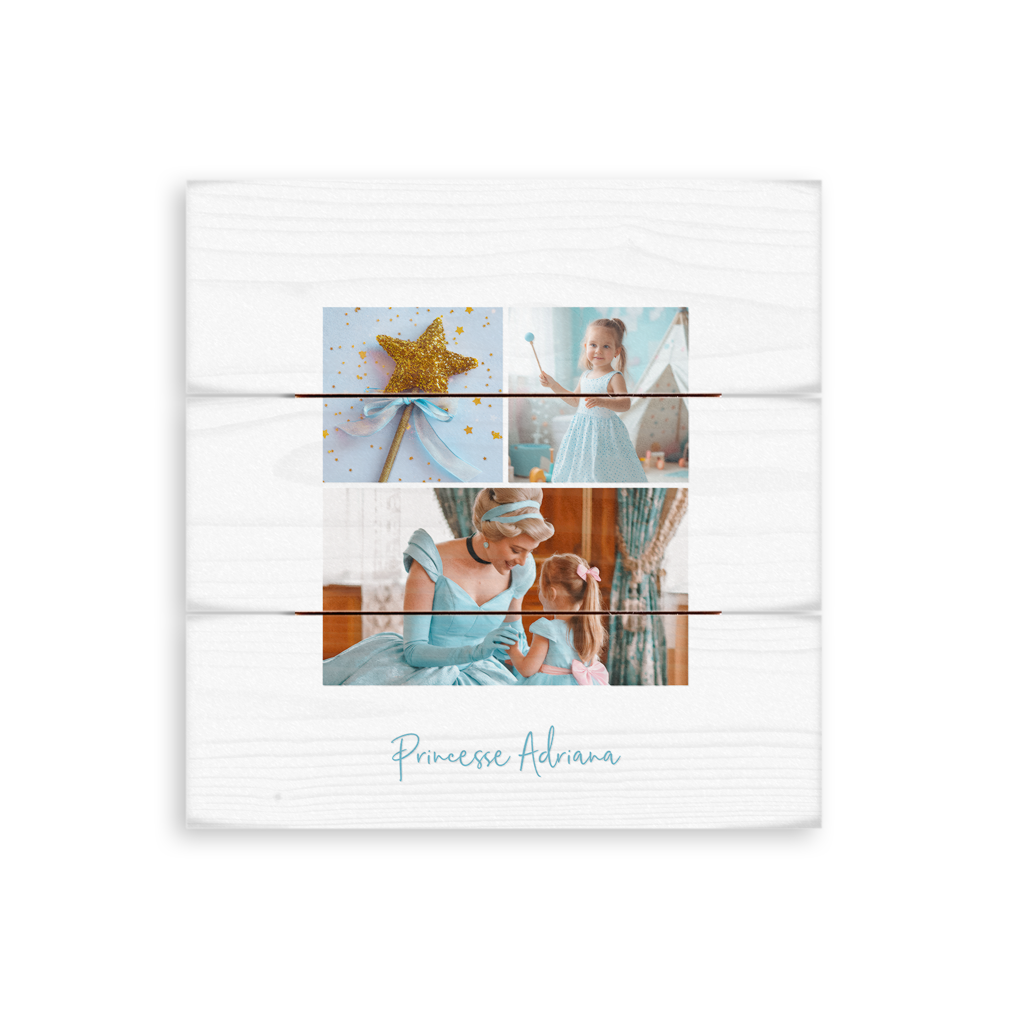 Photo sur planches en bois personnalisée avec trois images de princesse et le texte Princesse Adriana.