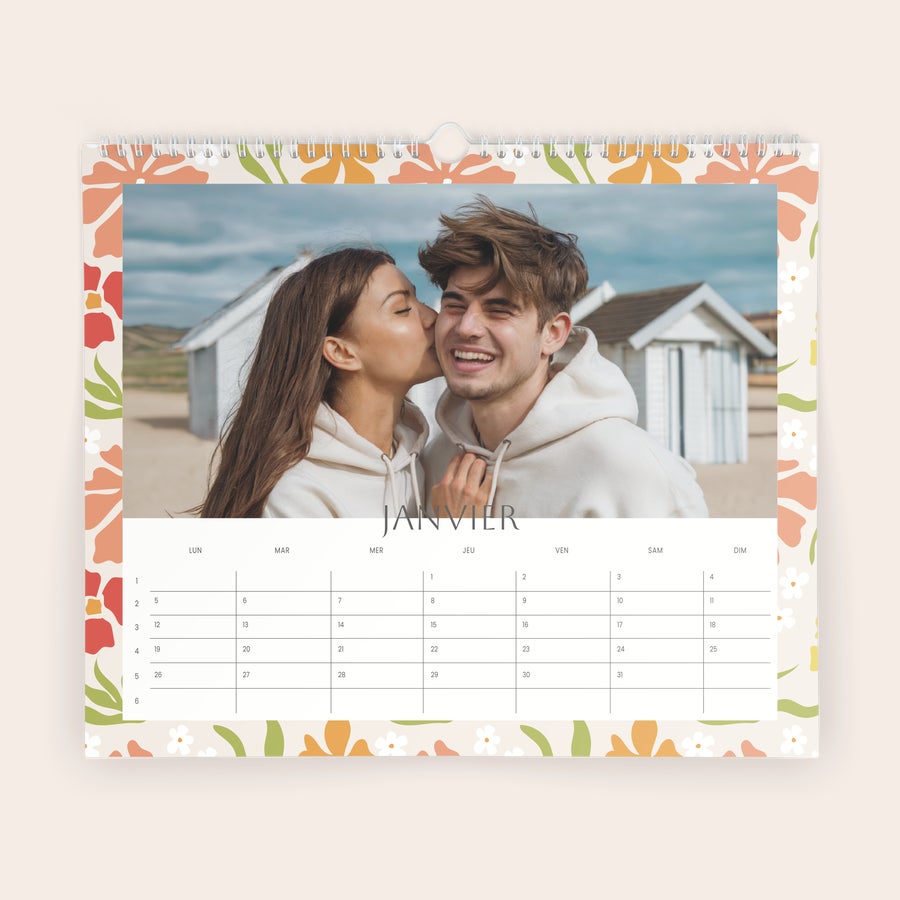 Calendrier personnalisé 2026 Calendrier mural 2026 personnalisé avec photo de couple imprimée et motif floral