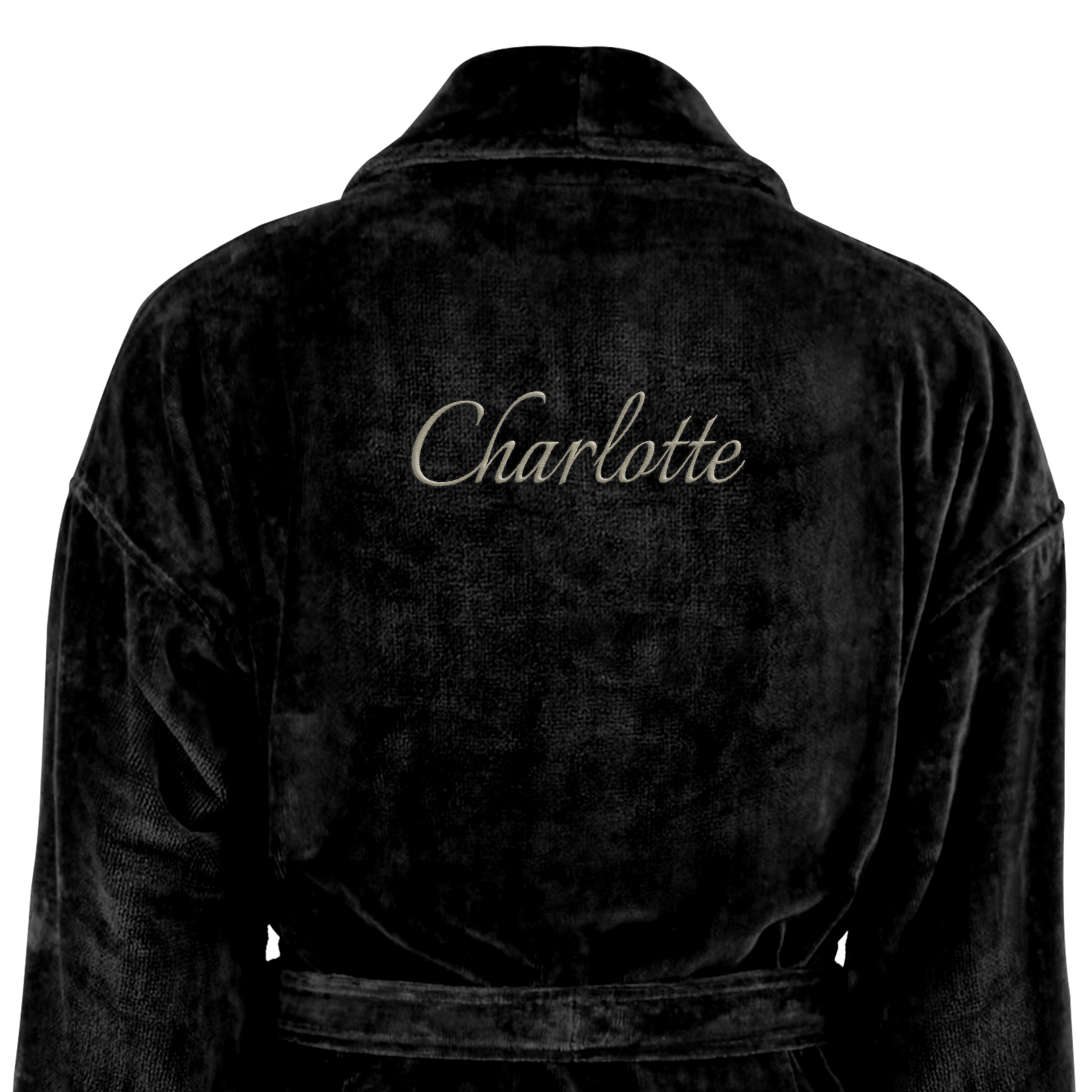 Black soft bathrobe with Charlotte embroidered in white script on the back to give as a gift