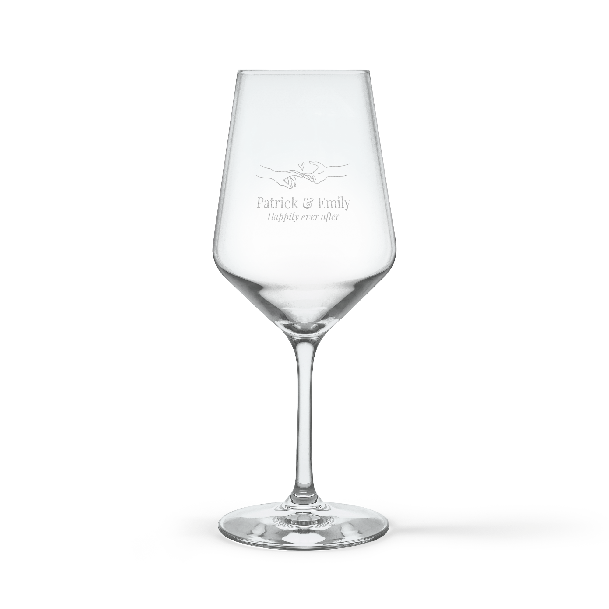 Personaliziran kristalni kozarec za vino z graviranimi imeni Patrick & Emily in "Happily ever after"