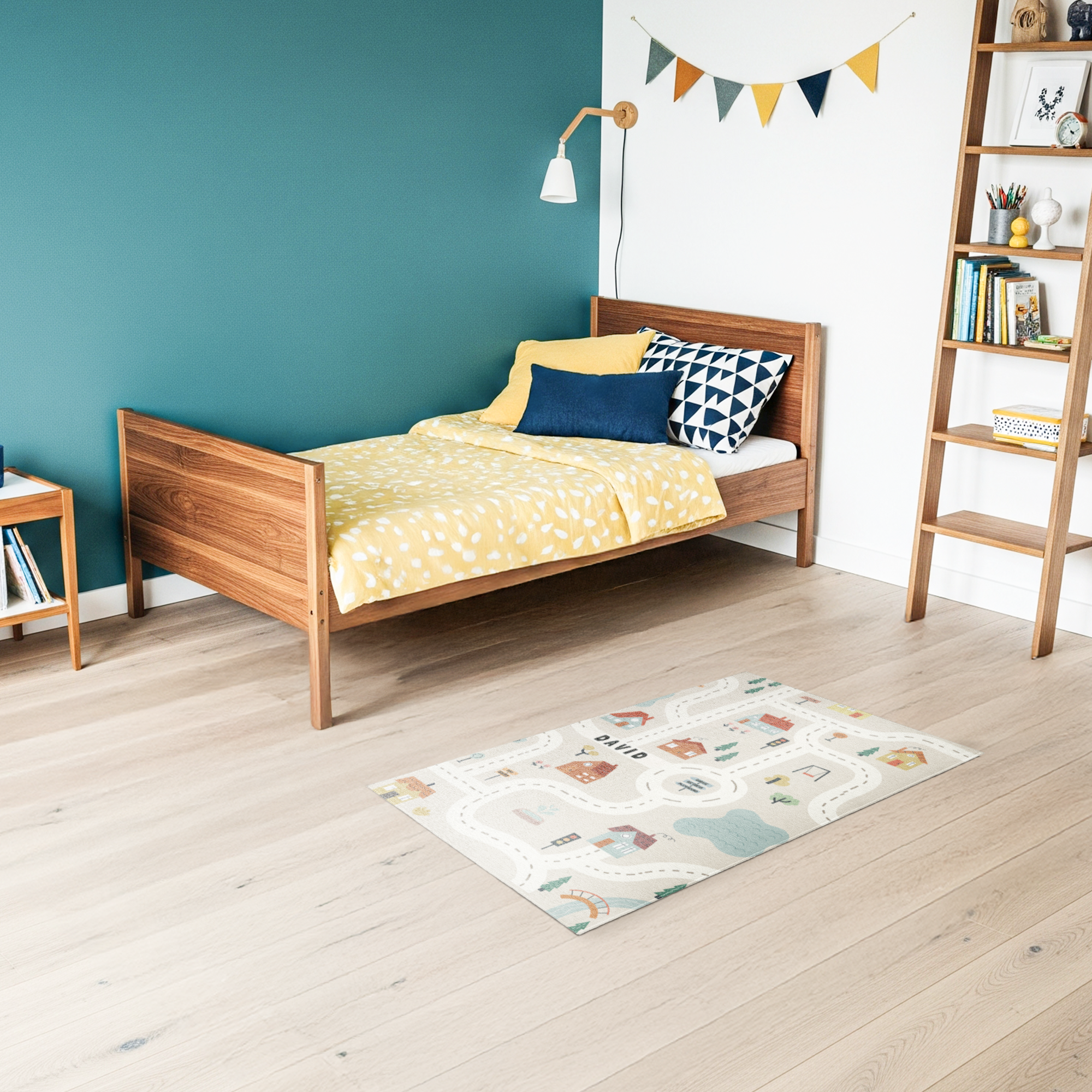 Personlig lekematte – 75 x 122 cm med et veimønster og hus, trykt med navnet David. Tilpass denne lekematten med valgfri tekst.