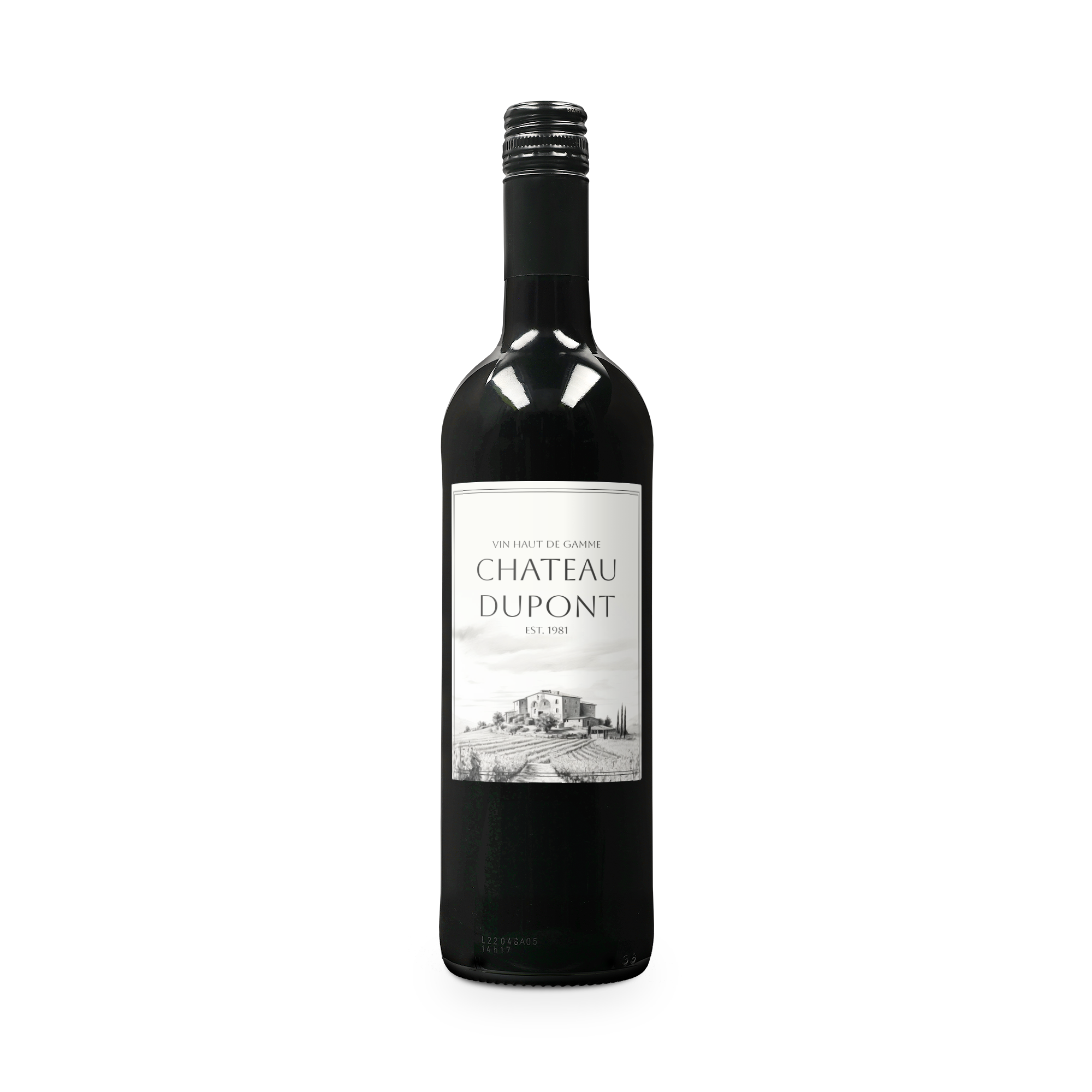 Bouteille de vin rouge Belvy avec étiquette personnalisable imprimée château Dupont
