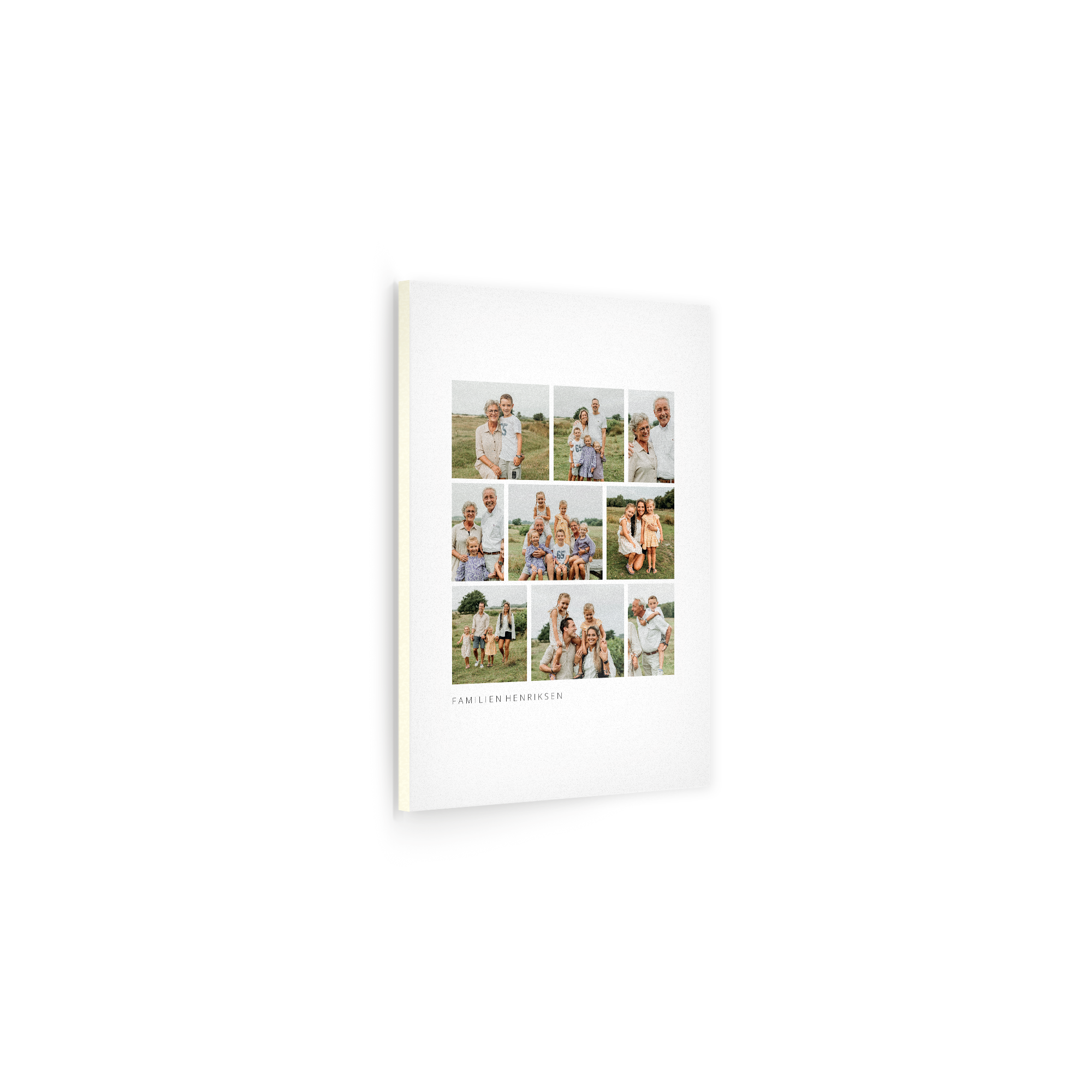 Hvidt foto på forex med fotocollage og teksten "FAMILIEN HENRIKSEN" for en personlig vægdekoration