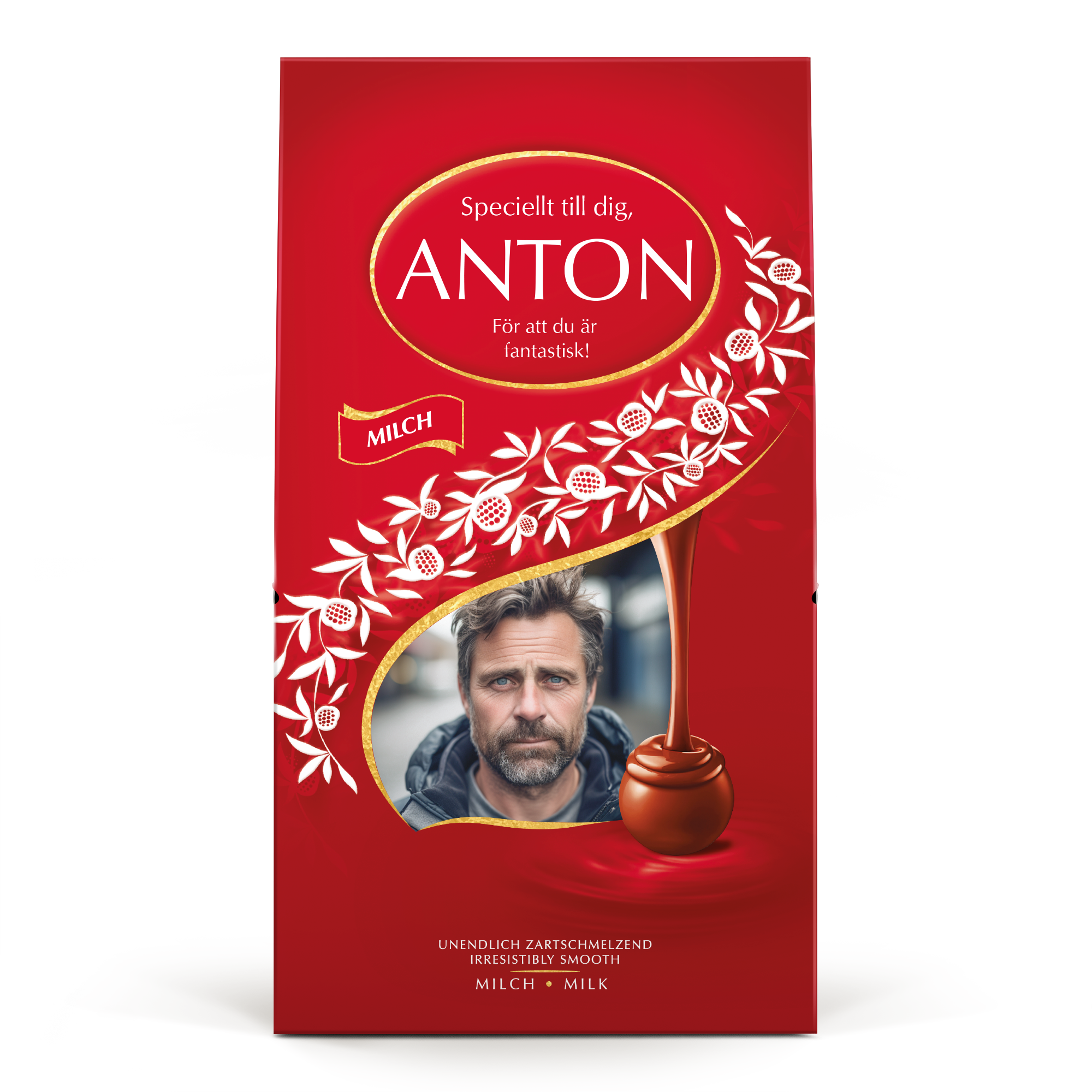 Lindor-choklad i presentförpackning med ett foto av en man, namnet ANTON och texten "För att du är fantastisk!" tryckt på en röd bakgrund.