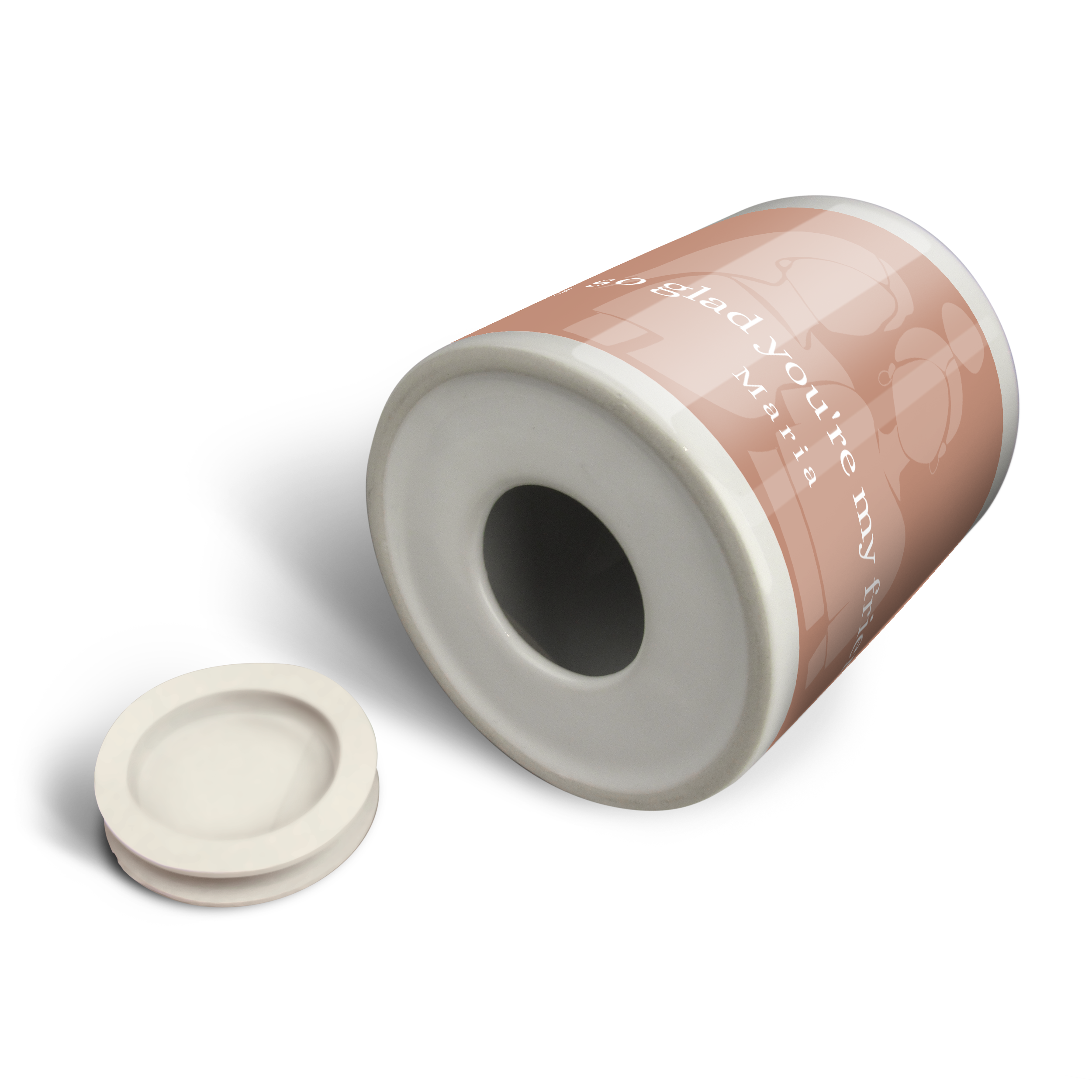 A personalized money box with "so glad you're my" and "Maria" printed on a pink surface with a removable stopper