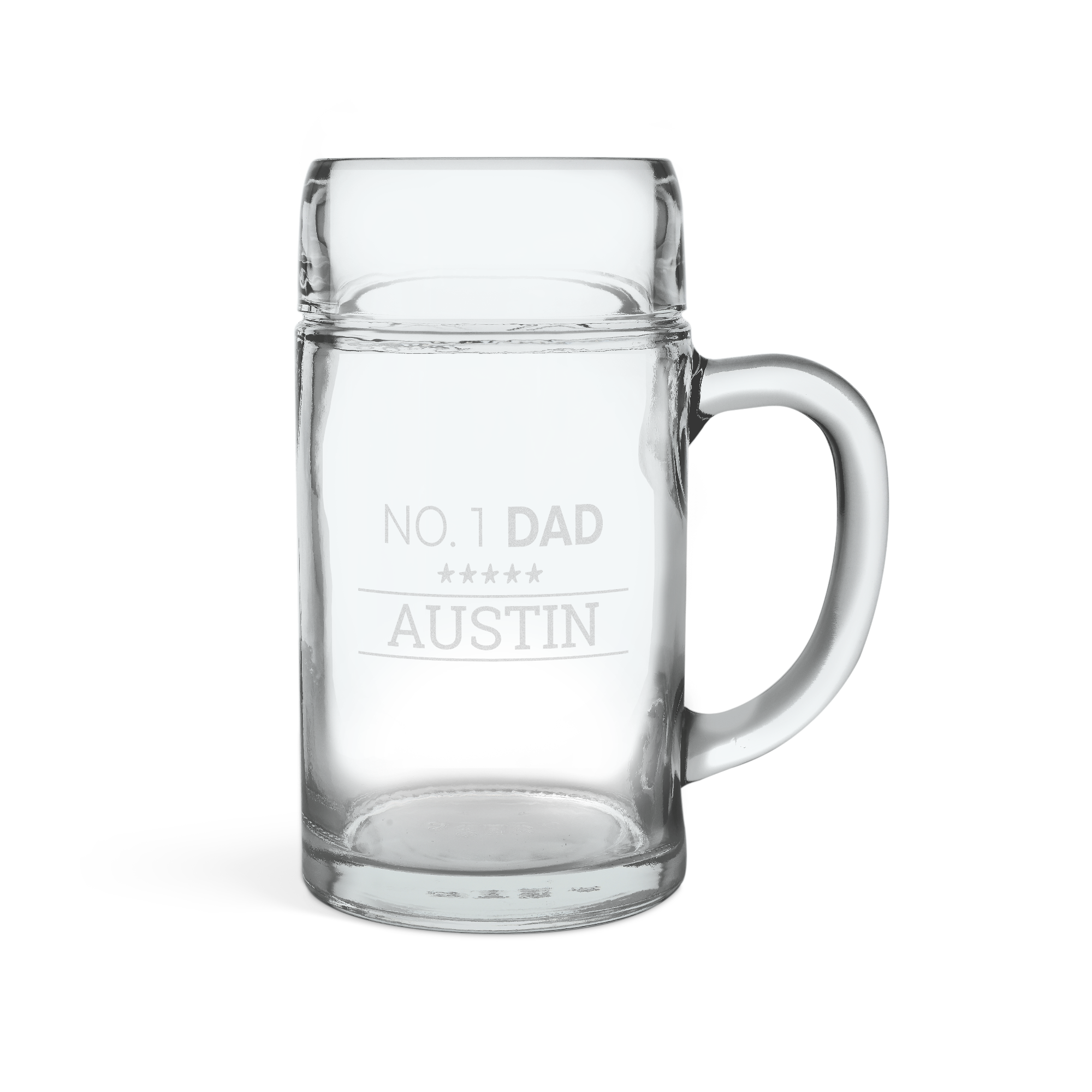 Személyre szabott 1 literes söröskorsó "NO 1 DAD" és "AUSTIN" szöveggel gravírozva öt csillaggal alatta