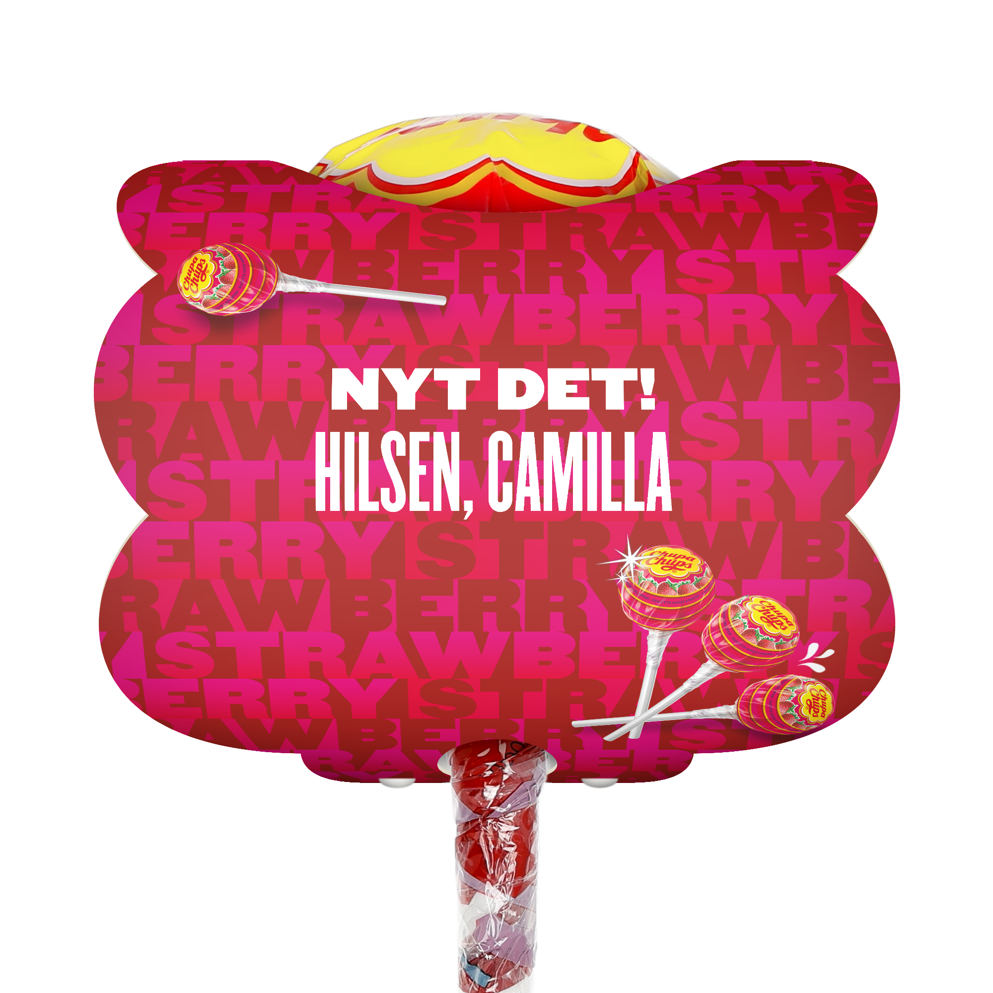 Personlig Mega Chupa Chups Jordbær med 20 ispinner, dekorert med hilsen og navn, perfekt som gave.