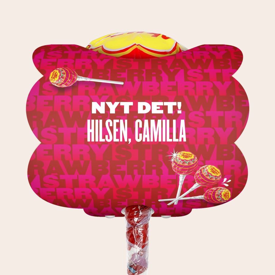 Mega Chupa Chups - personlig Personlig Mega Chupa Chups Jordbær med 20 ispinner, dekorert med hilsen og navn, perfekt som gave.