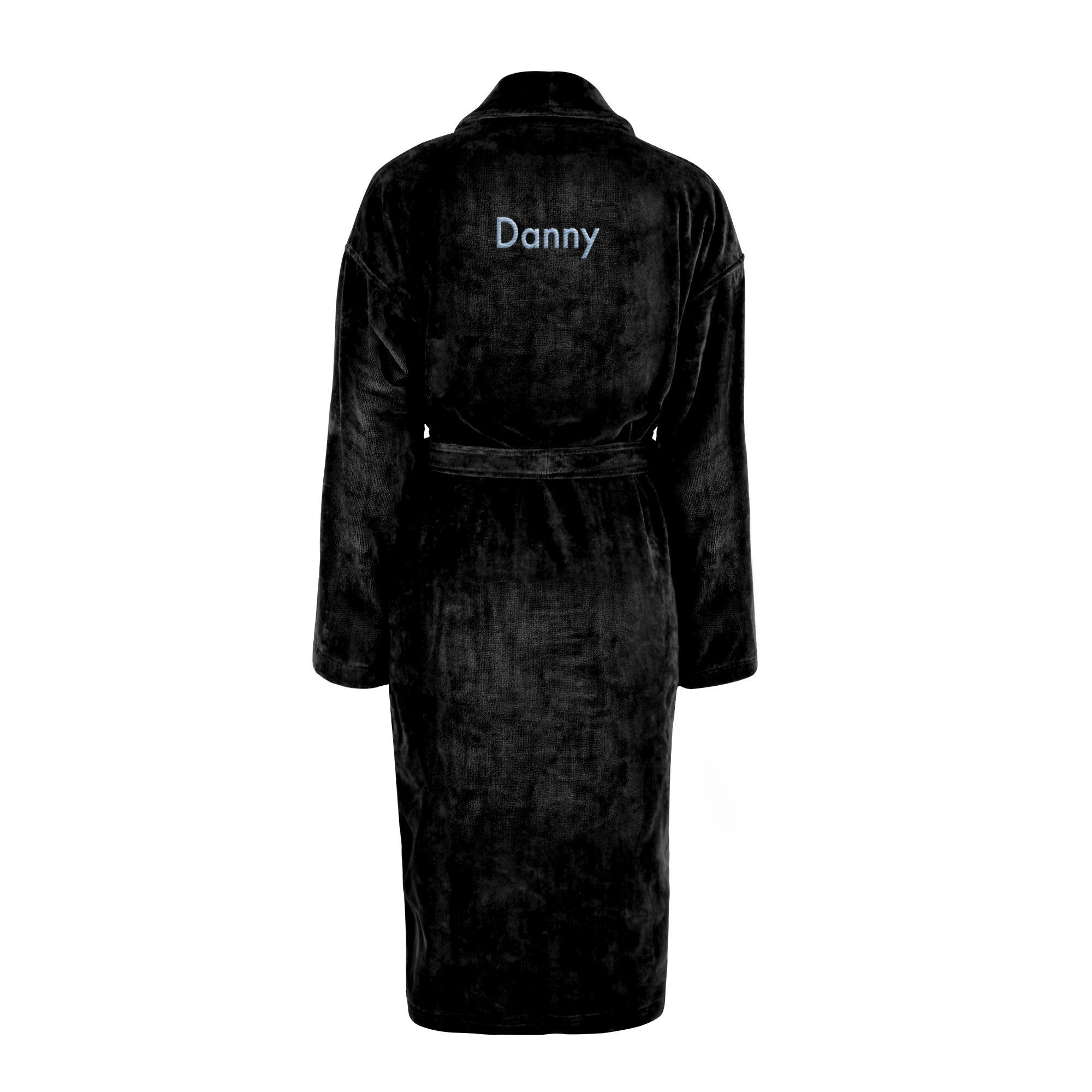 Zwarte luxe badstof badjas, geborduurd met de naam Danny op de rug