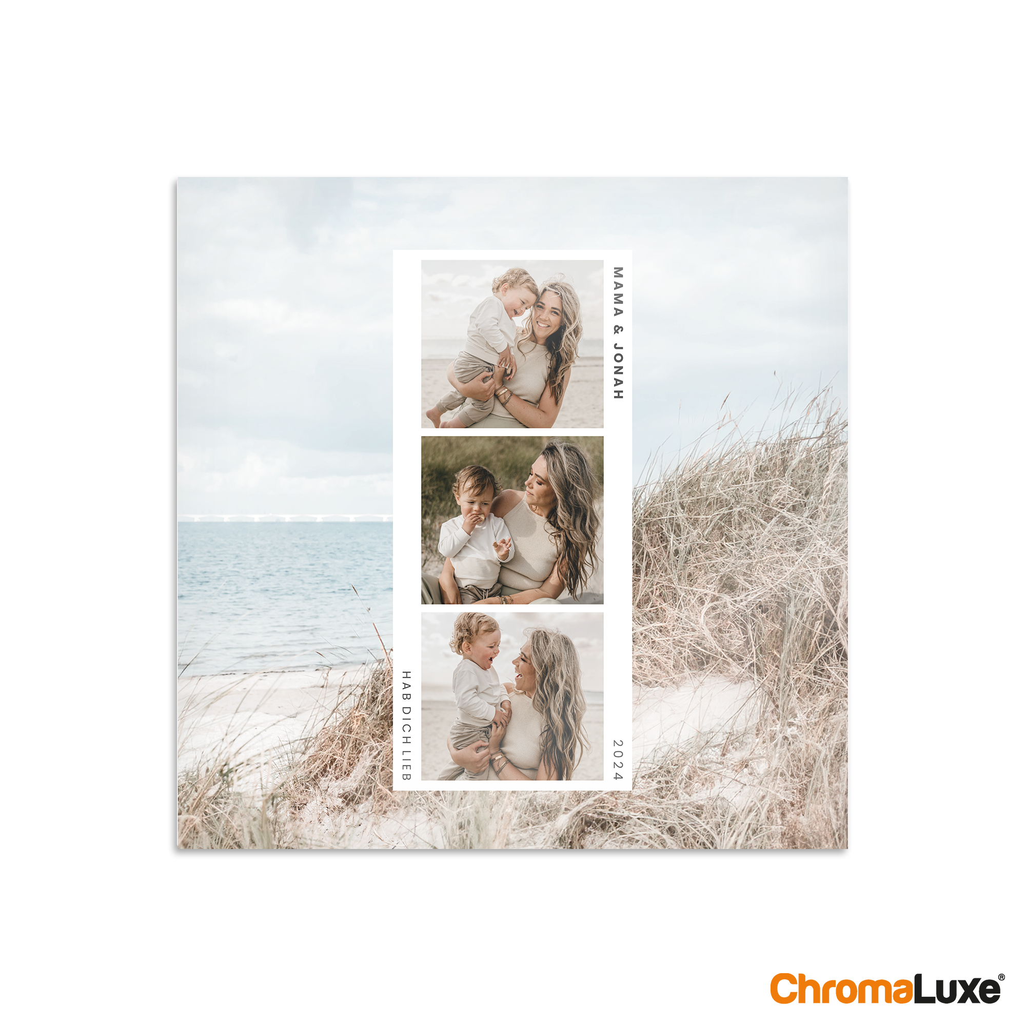 Personalisierte Fototafel mit drei eigenen Fotos, dem Text "Mama & Jonah", "Hab dich lieb" und der Jahreszahl 2024