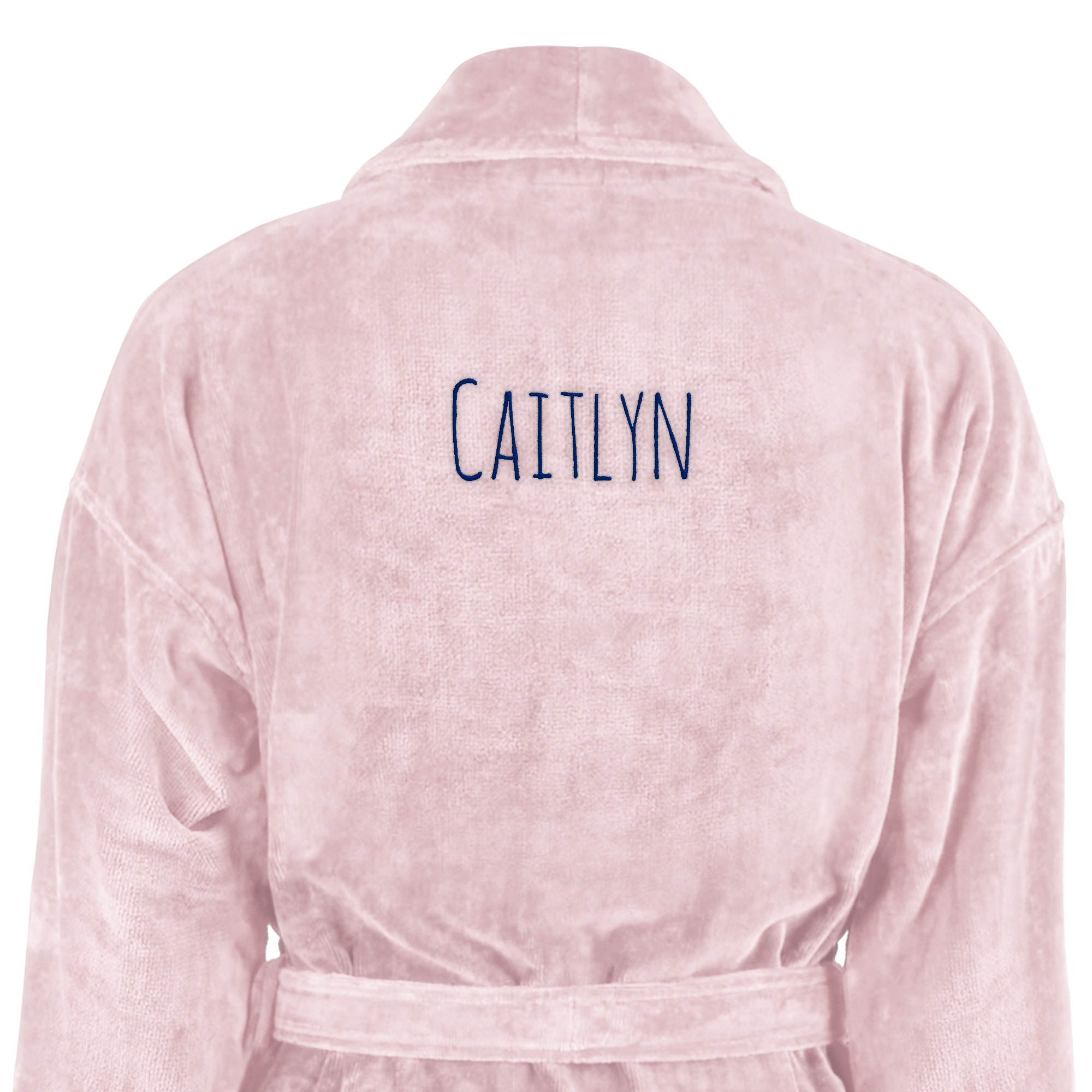 Roupão macio personalizado cor de rosa com o nome CAITLYN bordado nas costas, ideal para dar de presente.