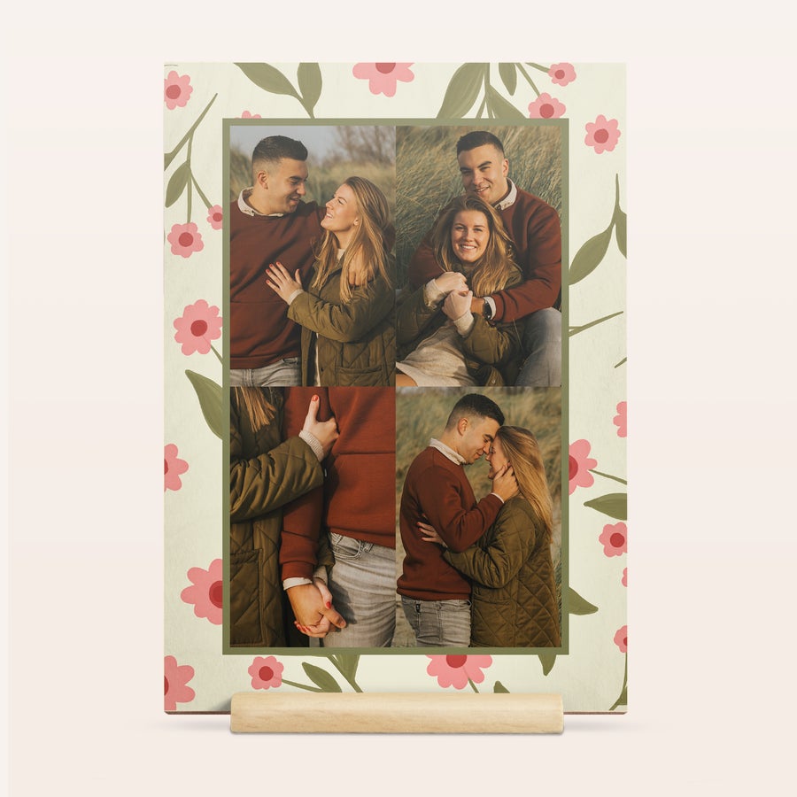 Personlige valentinskort i tre Personlig valentinsdagskort i tre med fire bilder av et par og blomstermønster, trykt med egne bilder.