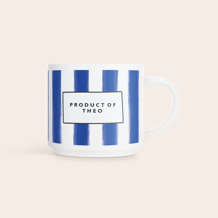 Stackable mugs with photo White stackable photo mug with blue stripes and text printed with "Product of Theo" in the middle