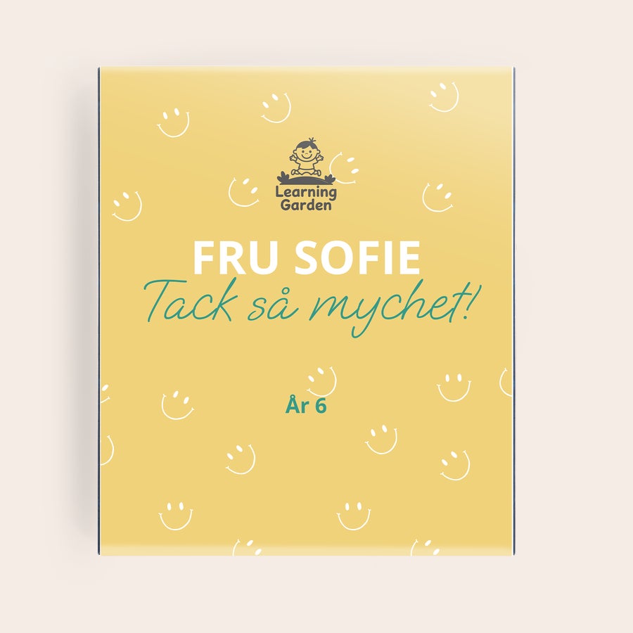 Personlig Pukka-te Gul tebox med "Learning Garden" logga, texten "FRU SOFIE Tack så mycket!" och "År 6", tryckt för din personliga te-upplevelse.