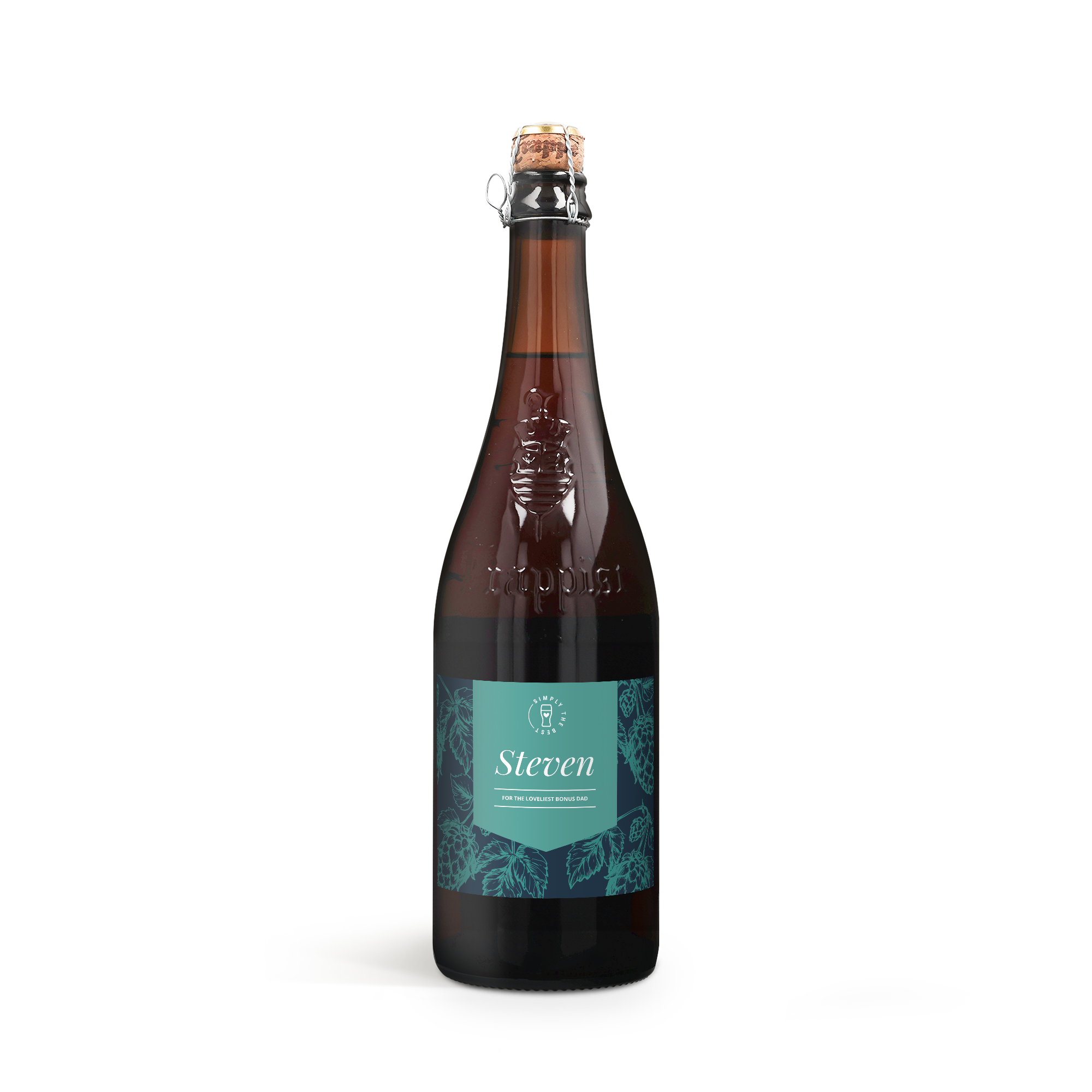 Garrafa de cerveja La Trappe Quadrupel personalizada com rótulo "Steven" e "For the loveliest bonus dad" para comemorar com uma garrafa de cerveja personalizada com etiqueta de foto pessoal