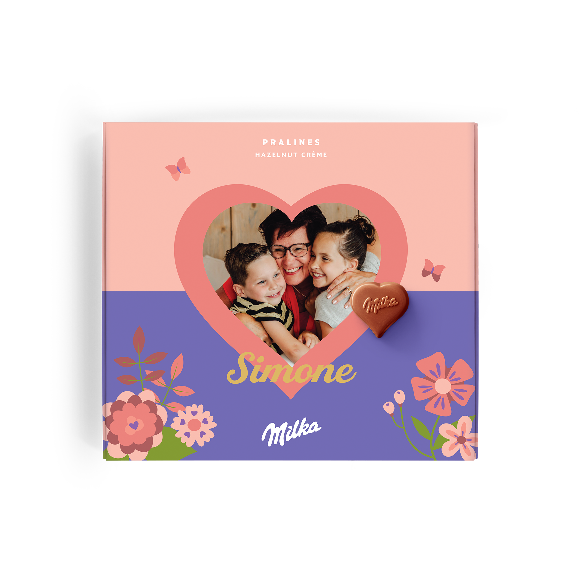 Gepersonaliseerde Milka chocolade giftbox met foto, de naam Simone en bloemmotief, Say it with Milka deze Moederdag.