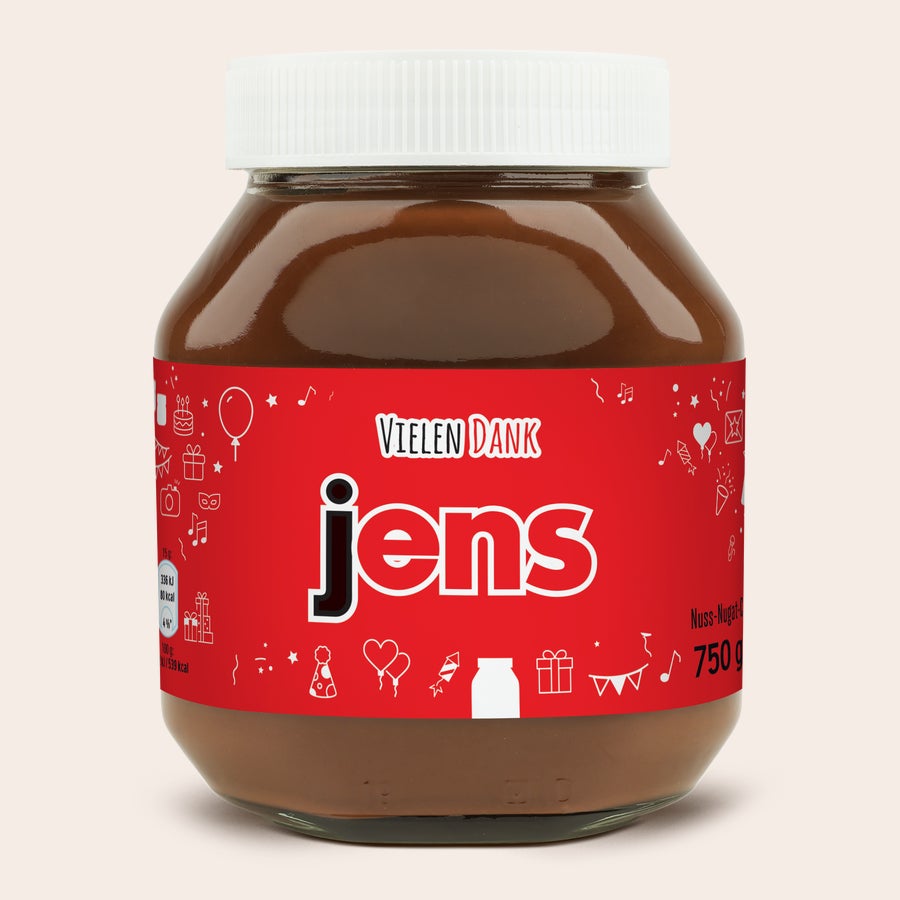 Personalisiertes nutella®-Glas Personalisiertes nutella® Glas mit weißem Deckel, rotem Etikett mit