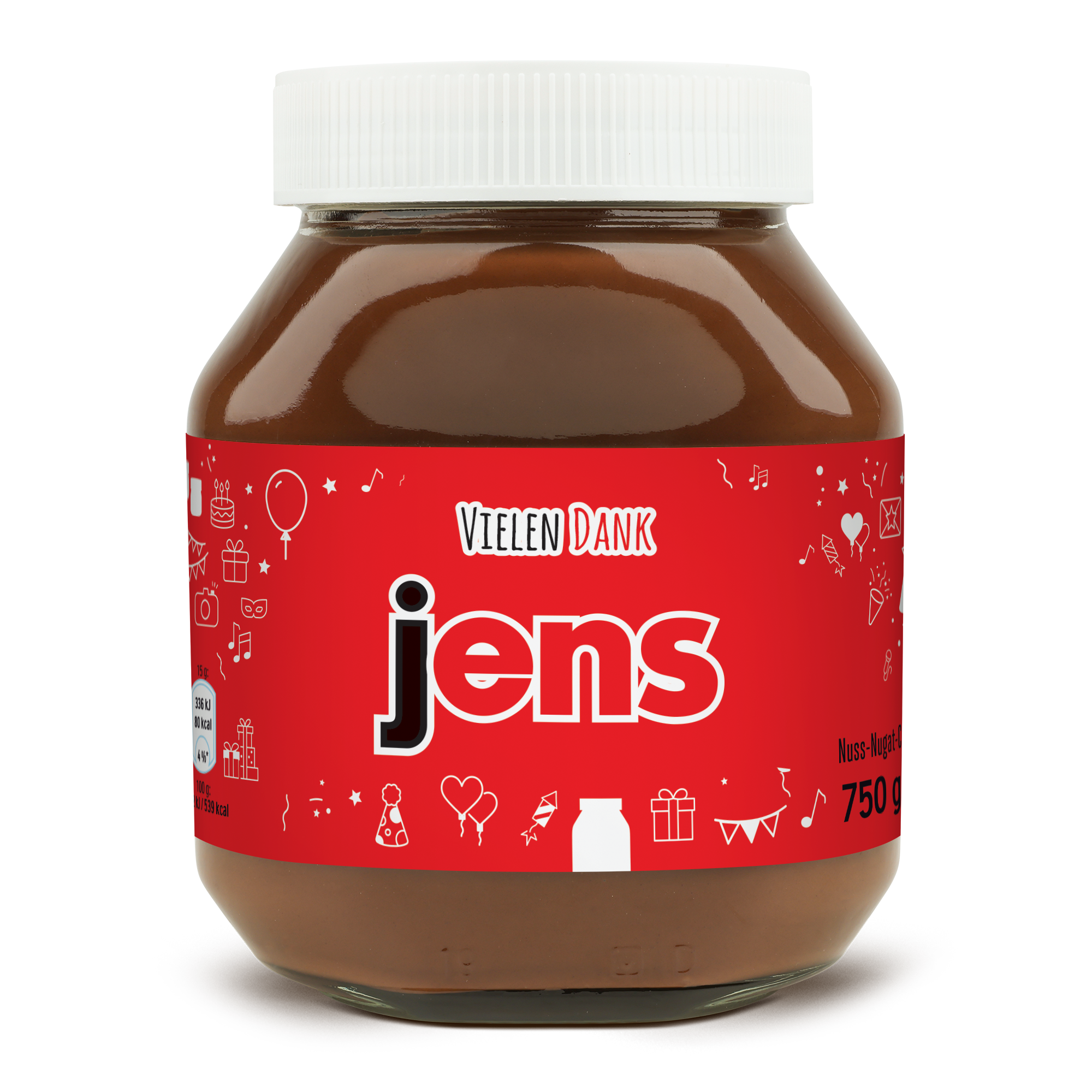 Personalisiertes nutella® Glas mit weißem Deckel, rotem Etikett mit 
