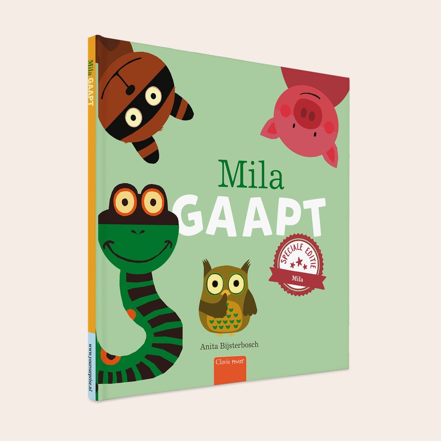 Boek "Iedereen gaapt - XXL " personaliseren Gepersonaliseerd kinderboek Iedereen Gaapt XXL met cartoon dieren en naam Mila op de kaft. Boek Iedereen gaapt - XXL personaliseren met eigen tekst.