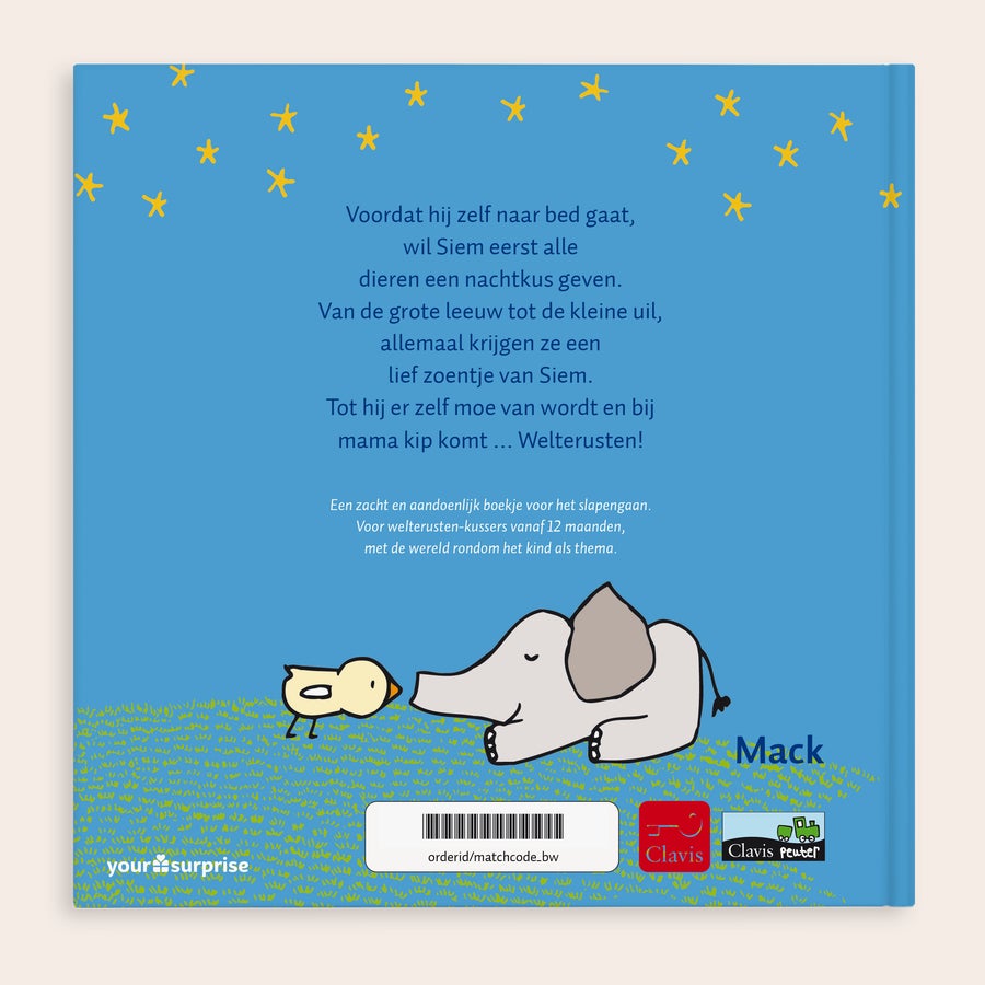 Boek "100 kusjes voor het slapengaan" met naam Gepersonaliseerd Welterusten boekje met de naam Siem en illustraties van een kuiken en een olifant.